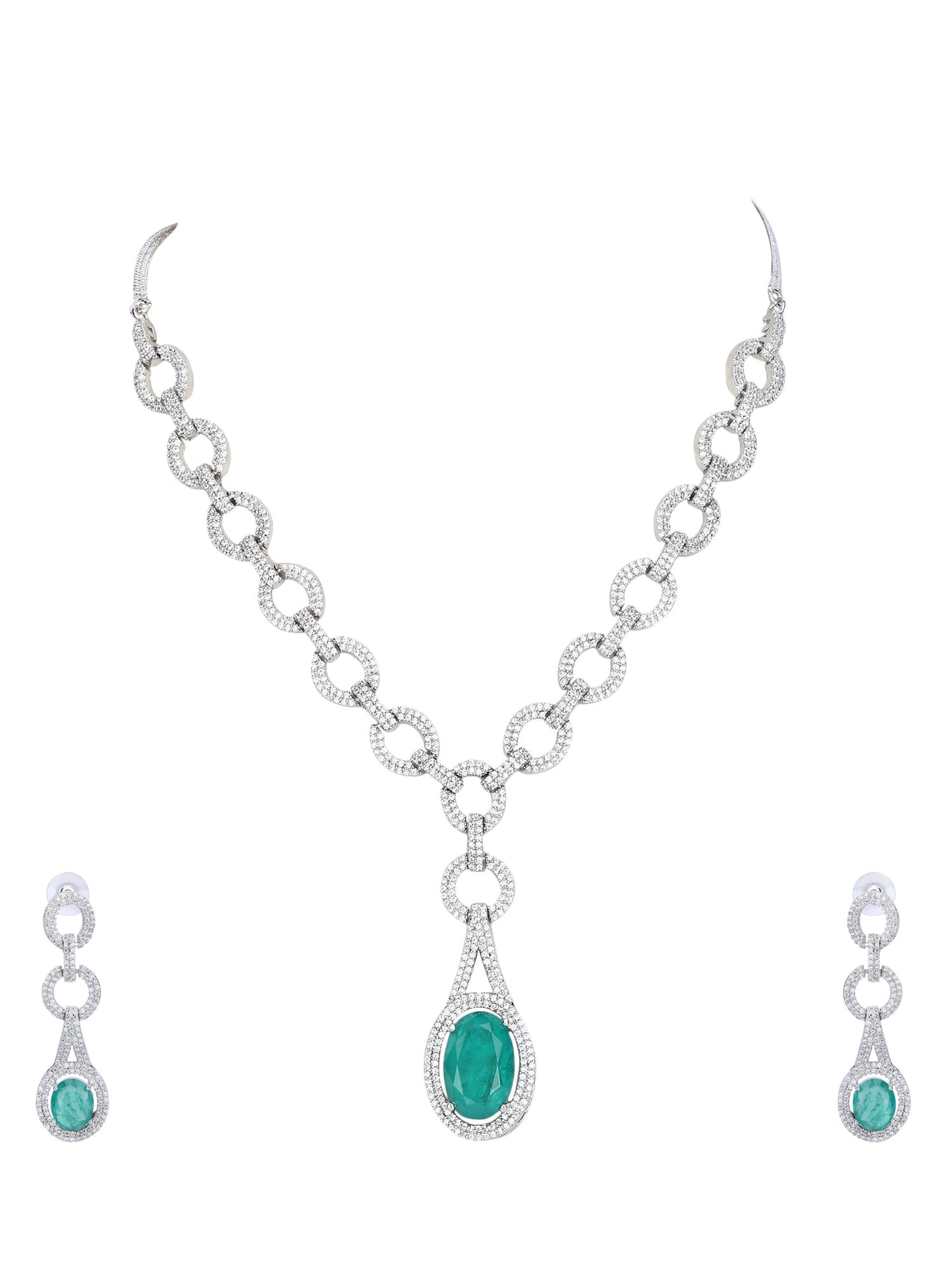 Rhodium Plated American Diamond Pendant Necklace with Drop Earrings - Auraa Trends - Pendant Aura Trends Auraa Trends Blue