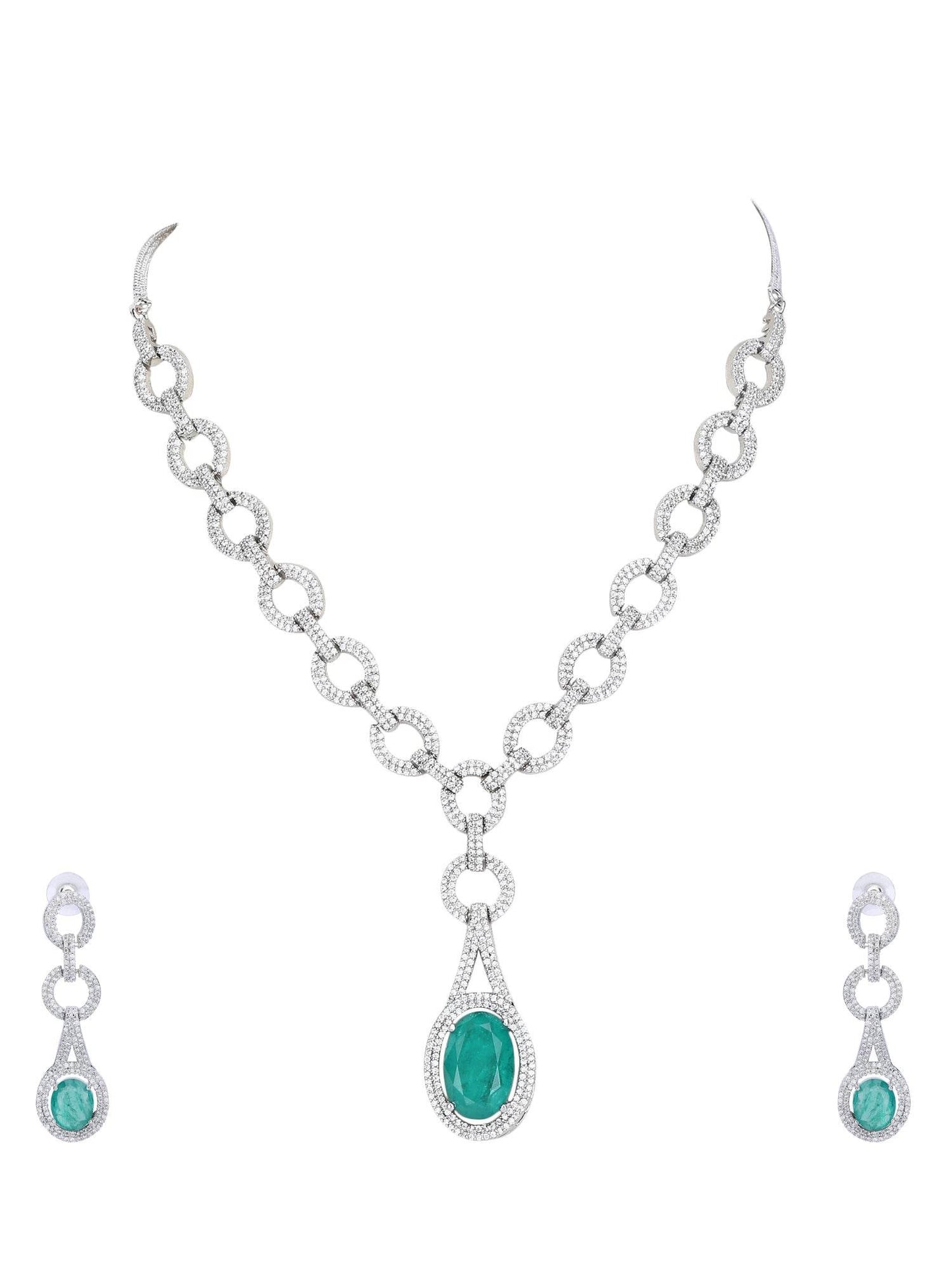 Rhodium Plated American Diamond Pendant Necklace with Drop Earrings - Auraa Trends
