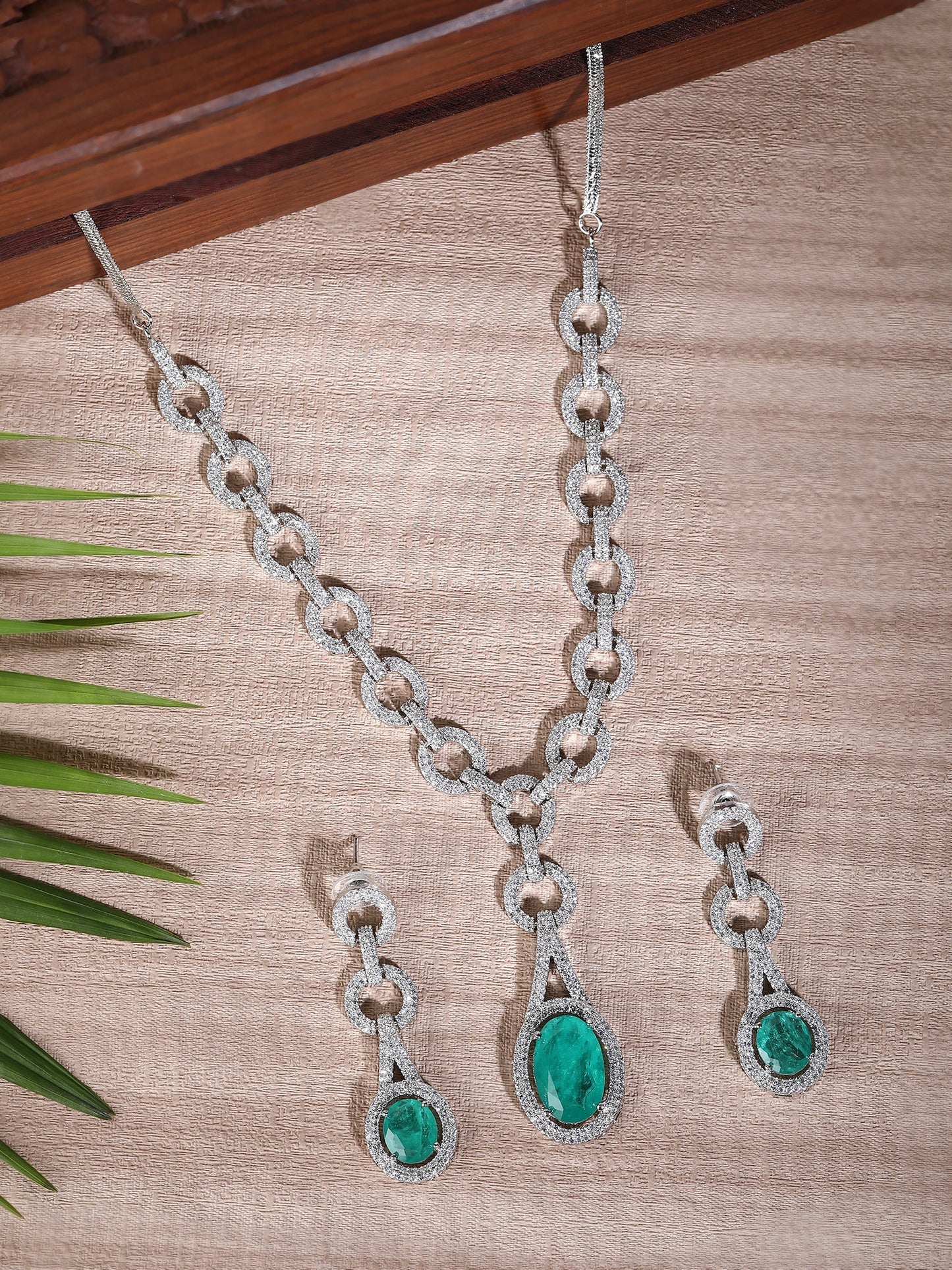 Rhodium Plated American Diamond Pendant Necklace with Drop Earrings - Auraa Trends - Pendant Aura Trends Auraa Trends Blue