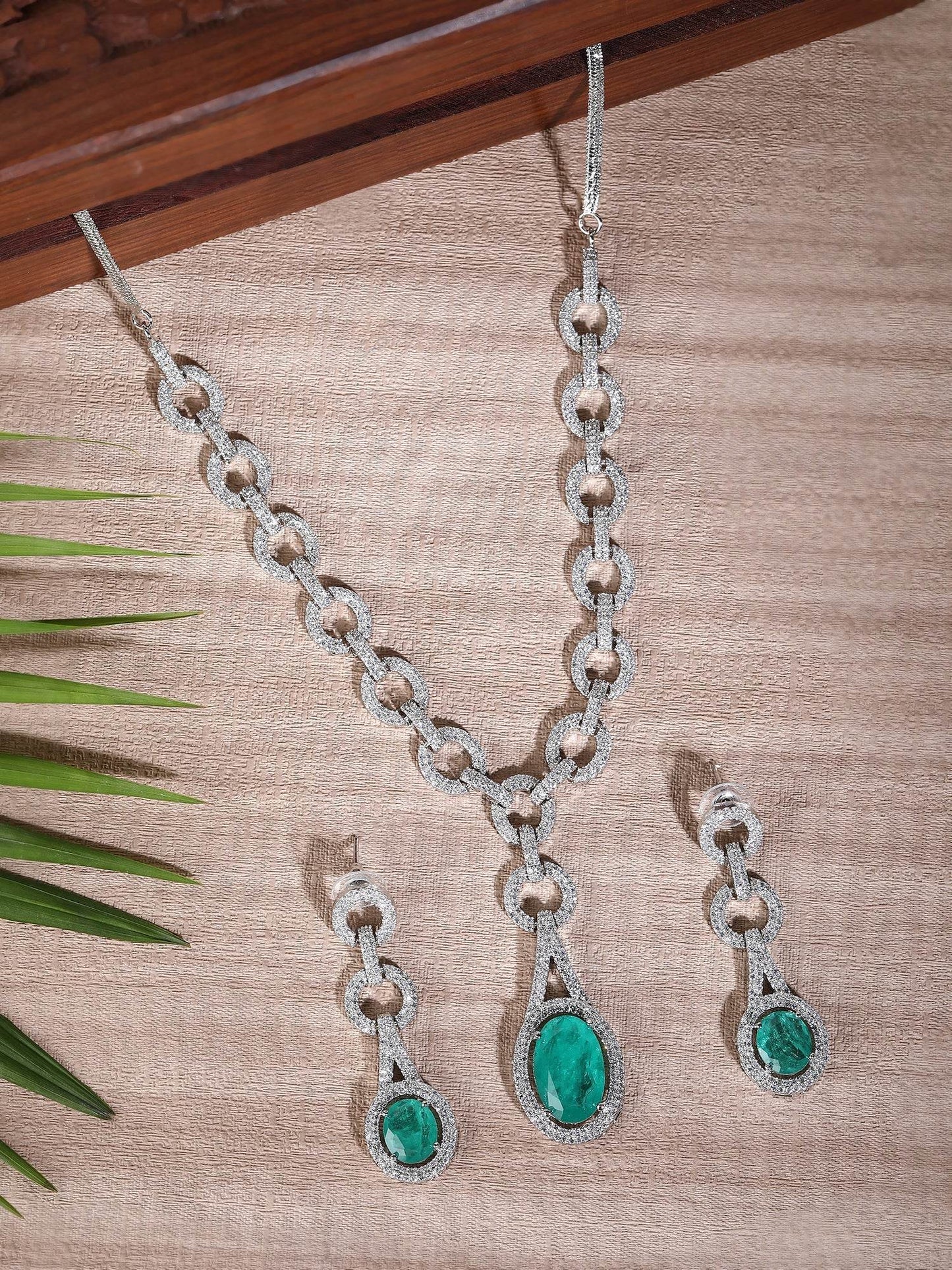 Rhodium Plated American Diamond Pendant Necklace with Drop Earrings - Auraa Trends
