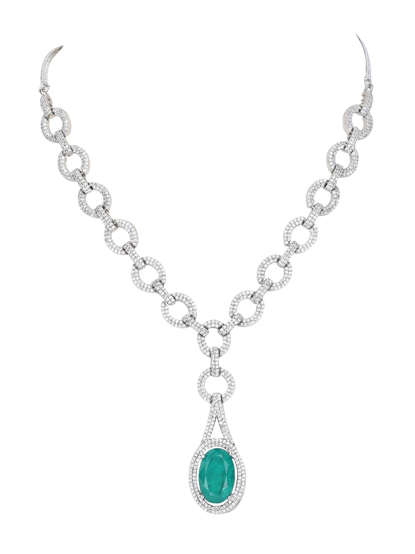 Rhodium Plated American Diamond Pendant Necklace with Drop Earrings - Auraa Trends - Pendant Aura Trends Auraa Trends Blue