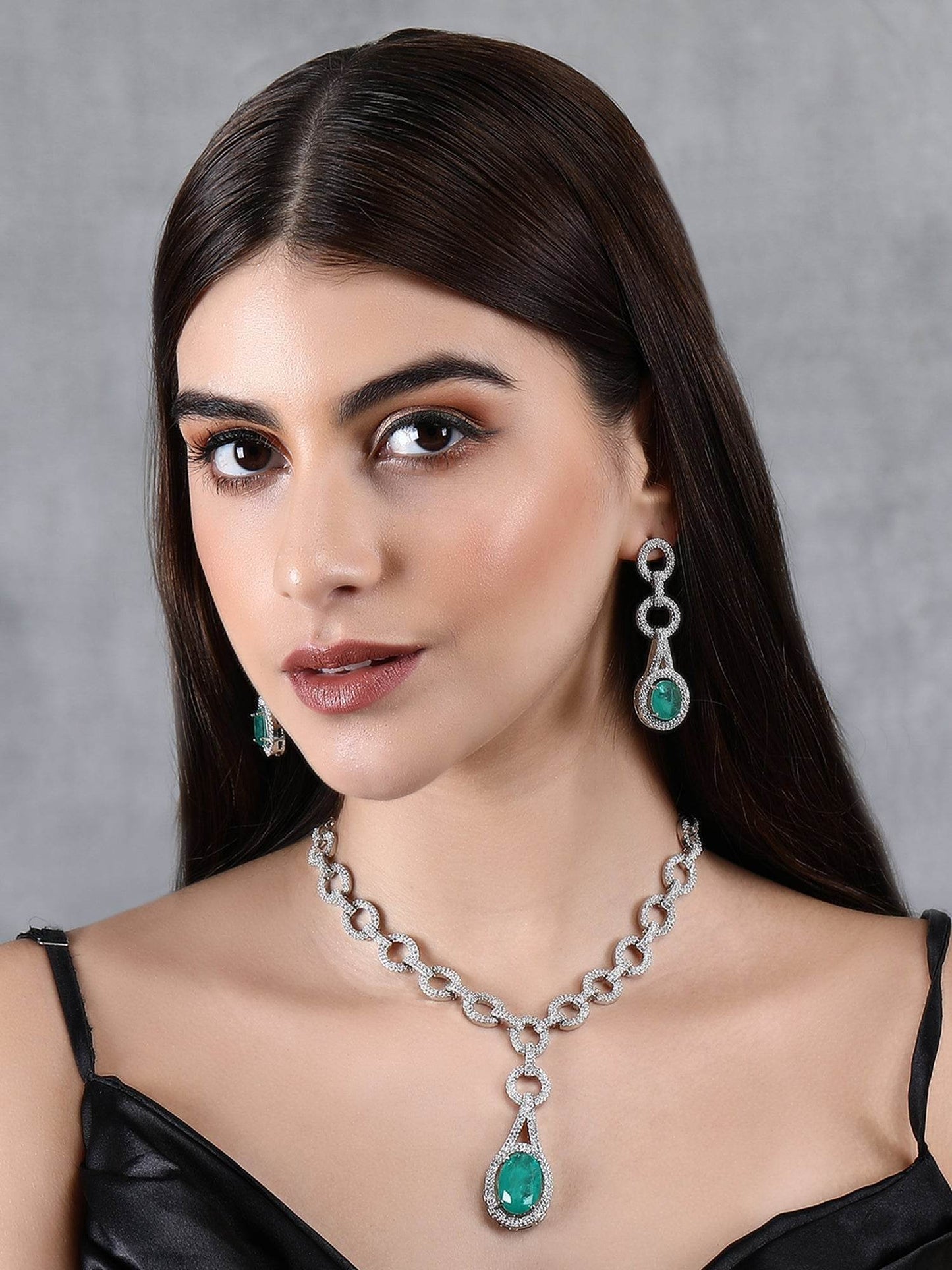 Rhodium Plated American Diamond Pendant Necklace with Drop Earrings - Auraa Trends