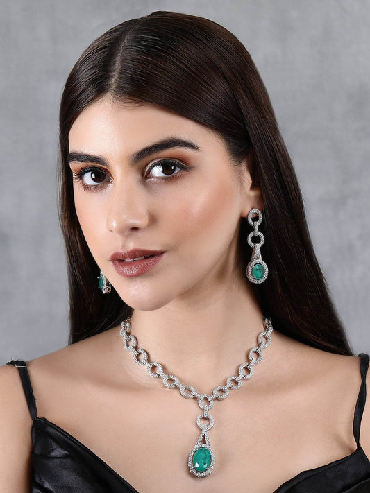 Rhodium Plated American Diamond Pendant Necklace with Drop Earrings - Auraa Trends