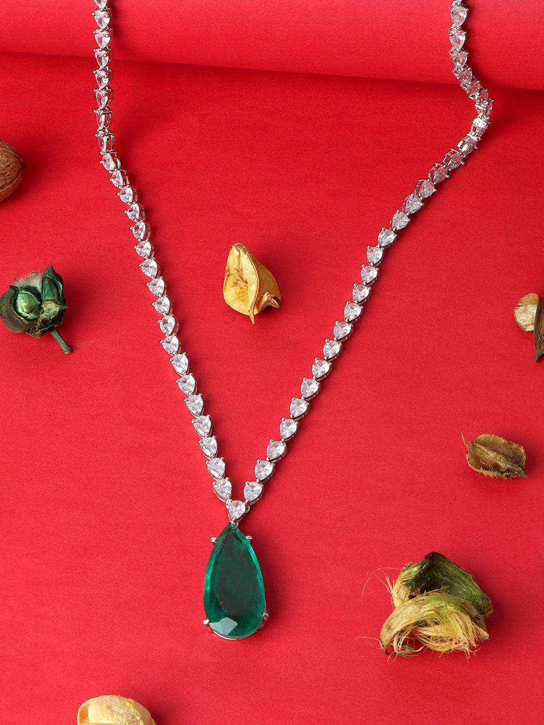 Rhodium Plated American Diamond Teardrop Pendant Necklace - Auraa Trends