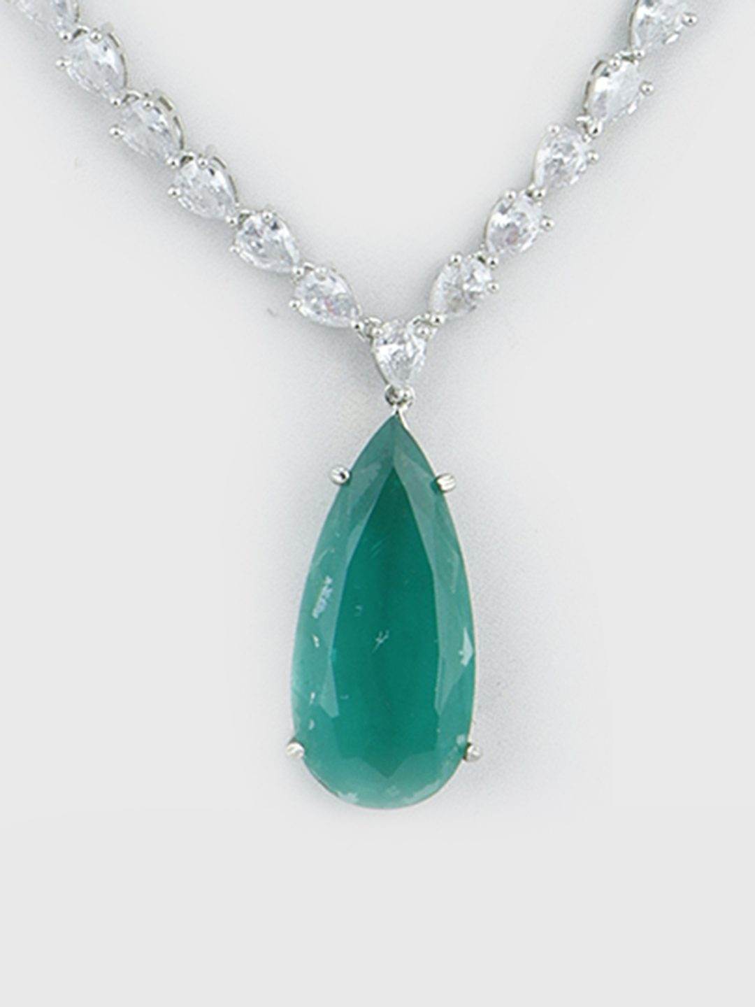 Rhodium Plated American Diamond Teardrop Pendant Necklace - Auraa Trends