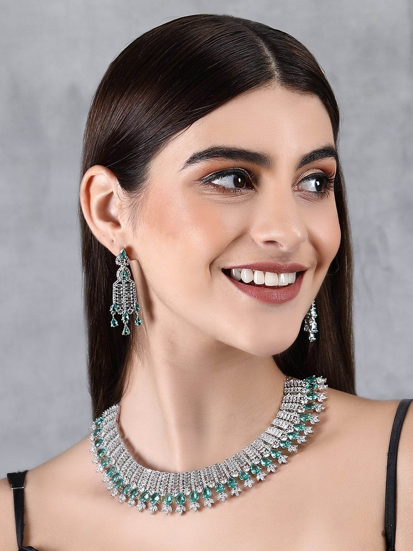 Rhodium Plated American Diamond Zircon Blue Necklace Set For Women and Girls - Auraa Trends