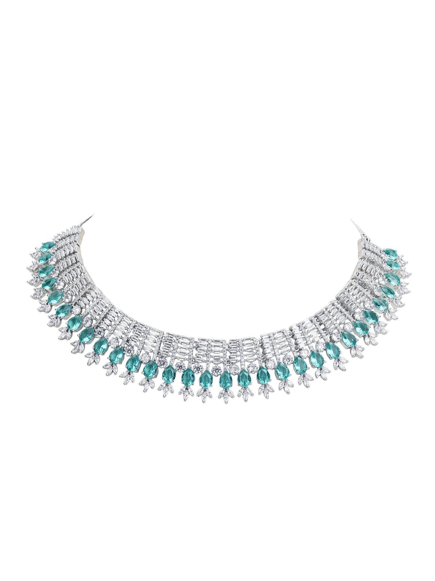 Rhodium Plated American Diamond Zircon Blue Necklace Set For Women and Girls - Auraa Trends