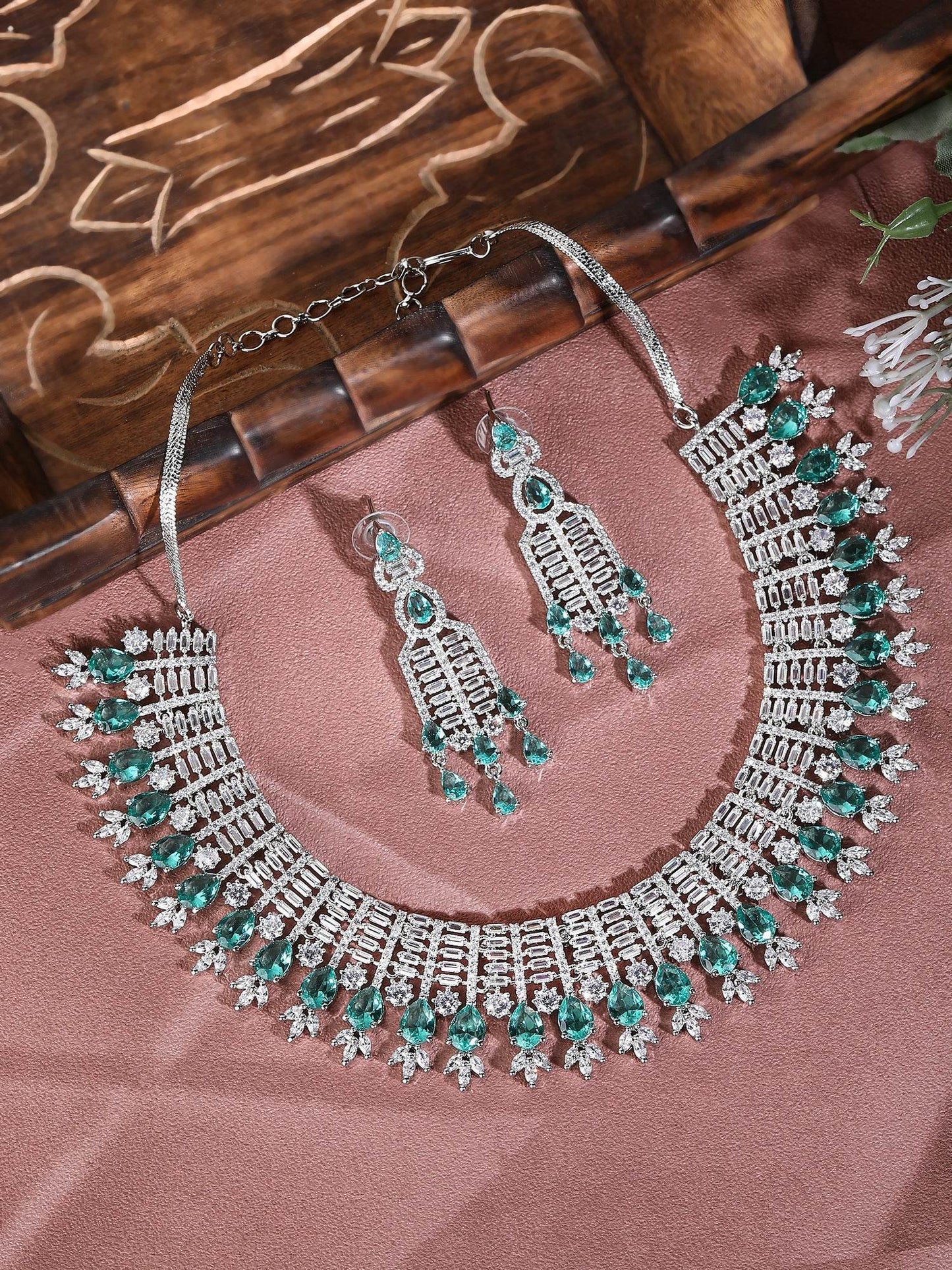 Rhodium Plated American Diamond Zircon Blue Necklace Set For Women and Girls - Auraa Trends