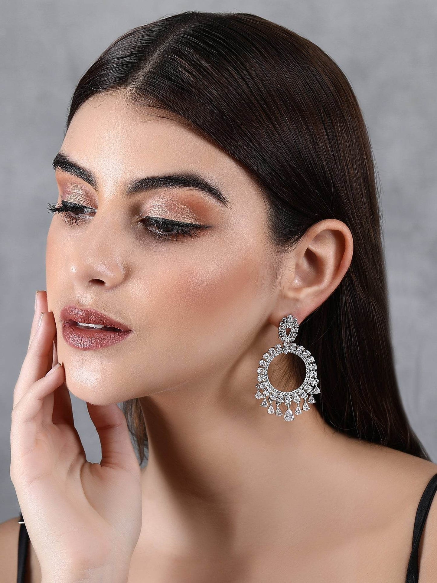 Rhodium Plated American Diamond Zircon Chandelier Earrings - Auraa Trends