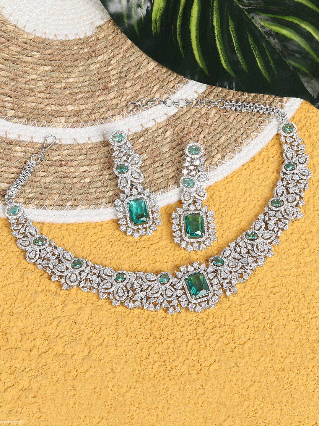 Rhodium-Plated American Diamond & Zircon Choker Necklace Set with Earrings - Auraa Trends
