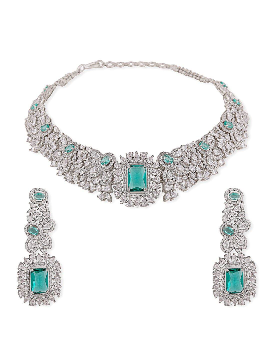 Rhodium-Plated American Diamond & Zircon Choker Necklace Set with Earrings - Auraa Trends
