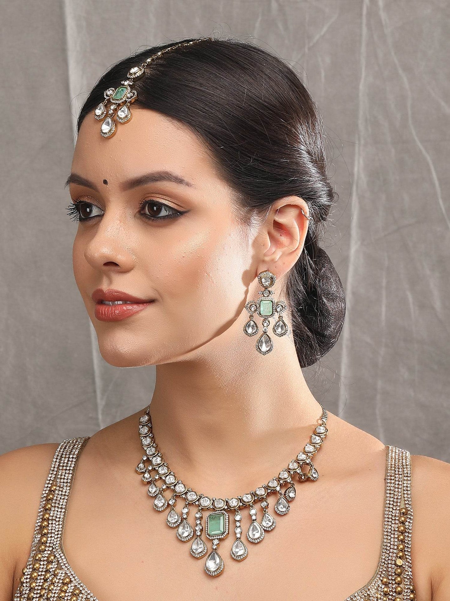 Rhodium-Plated American Diamond Zircon Contemporary Necklace Set - Auraa Trends