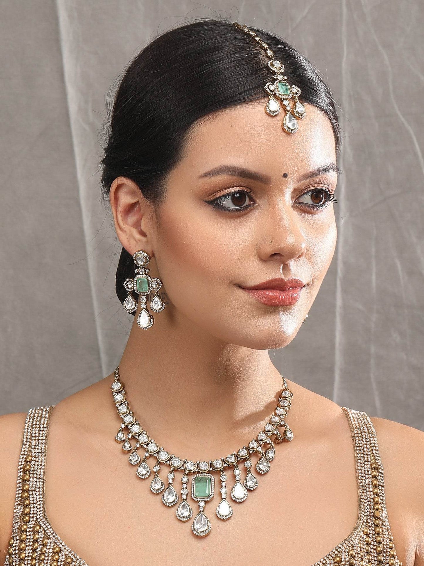 Rhodium-Plated American Diamond Zircon Contemporary Necklace Set - Auraa Trends