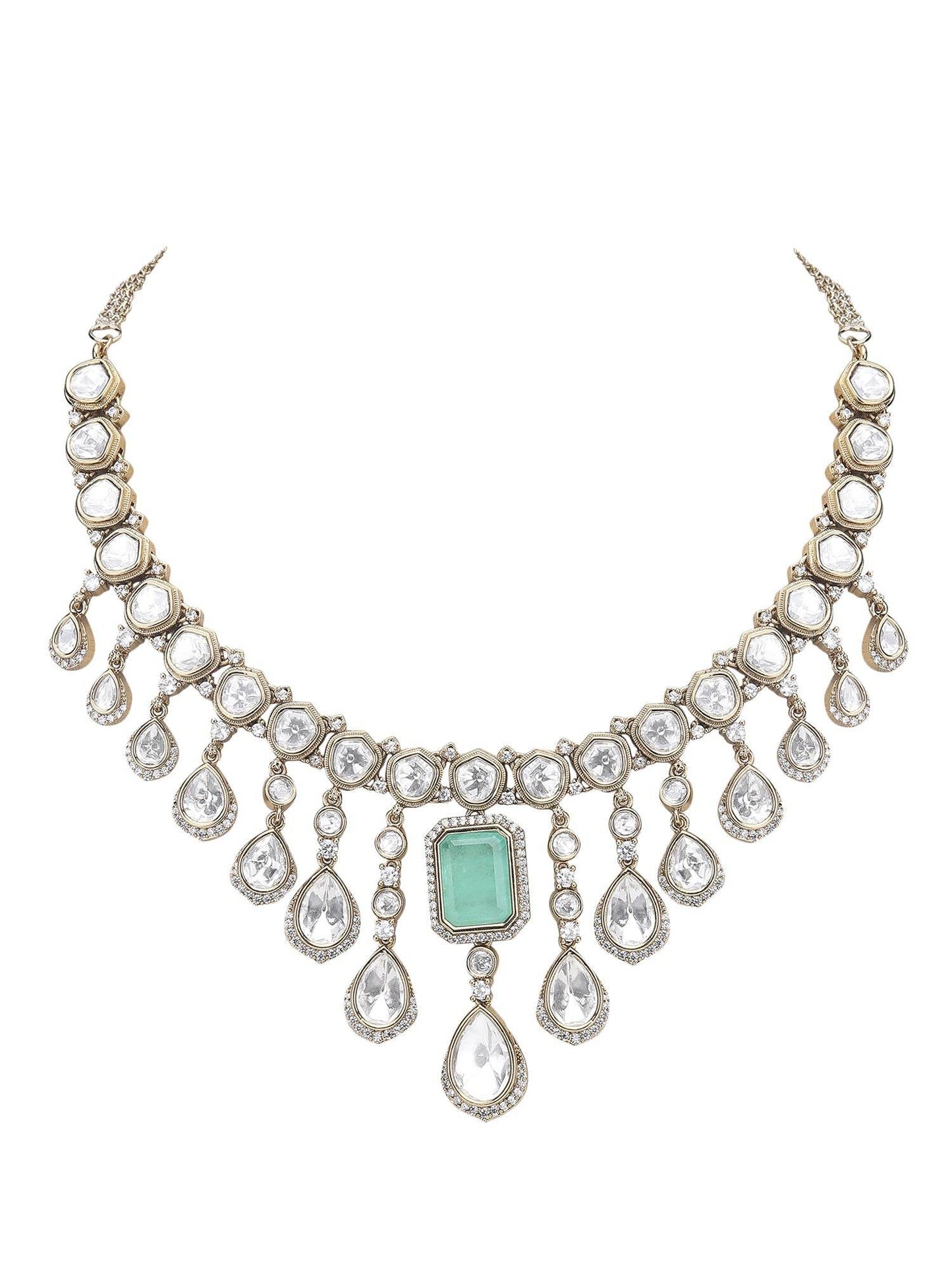 Rhodium-Plated American Diamond Zircon Contemporary Necklace Set - Auraa Trends