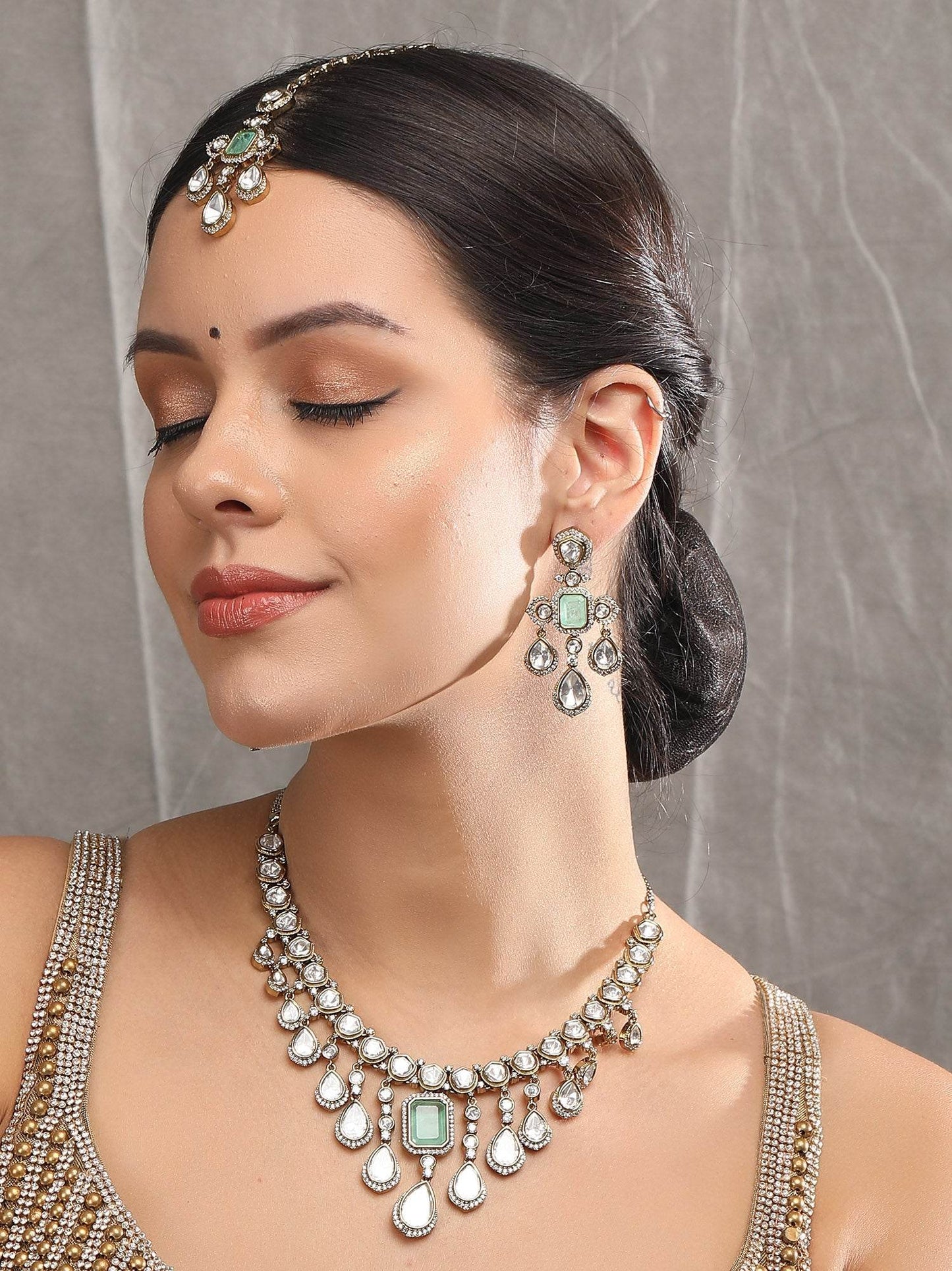 Rhodium-Plated American Diamond Zircon Contemporary Necklace Set - Auraa Trends