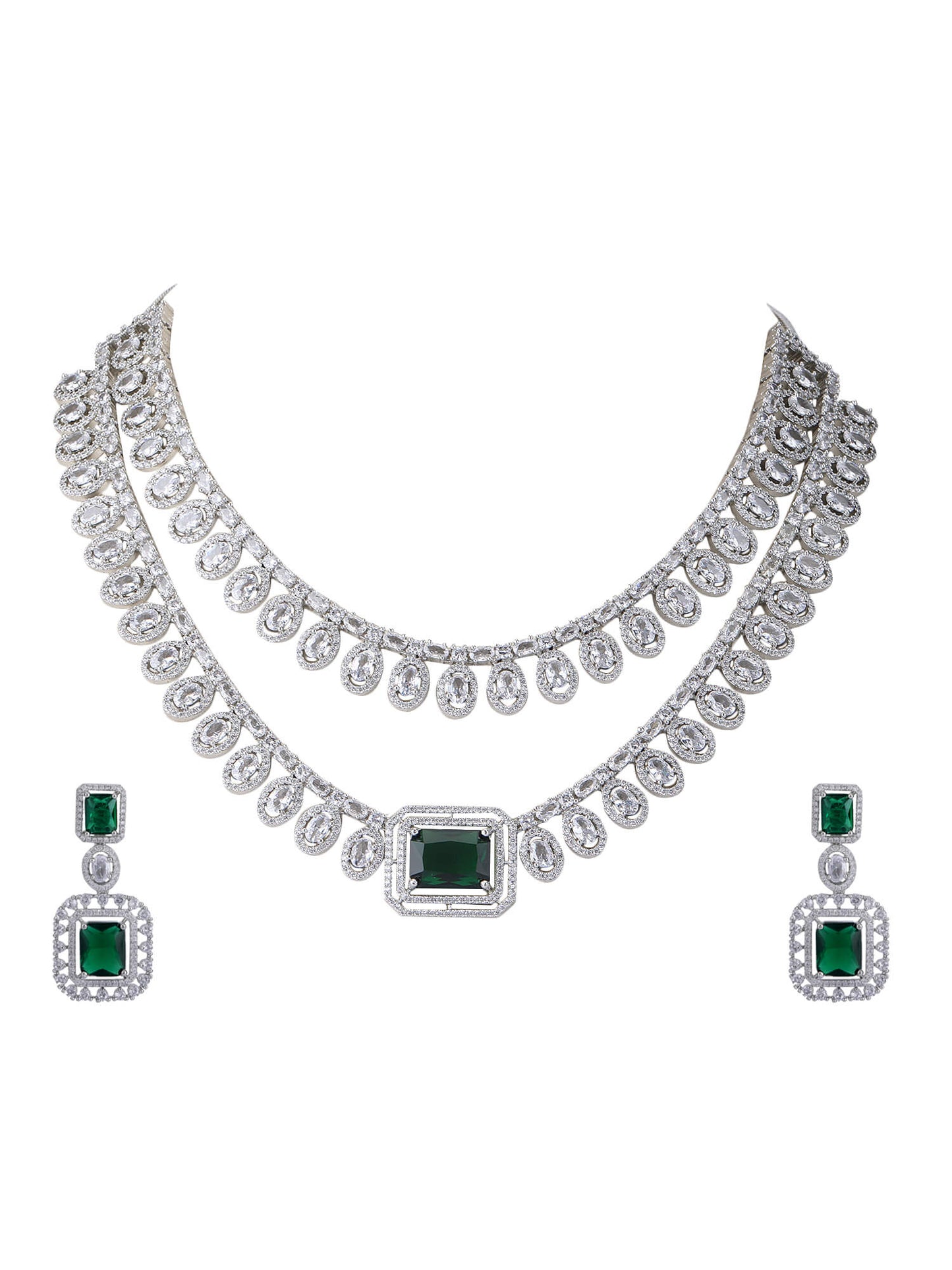 Rhodium Plated American Diamond zircon Green Necklace Set - Auraa Trends - Rhodium Plated American Diamond zircon Green