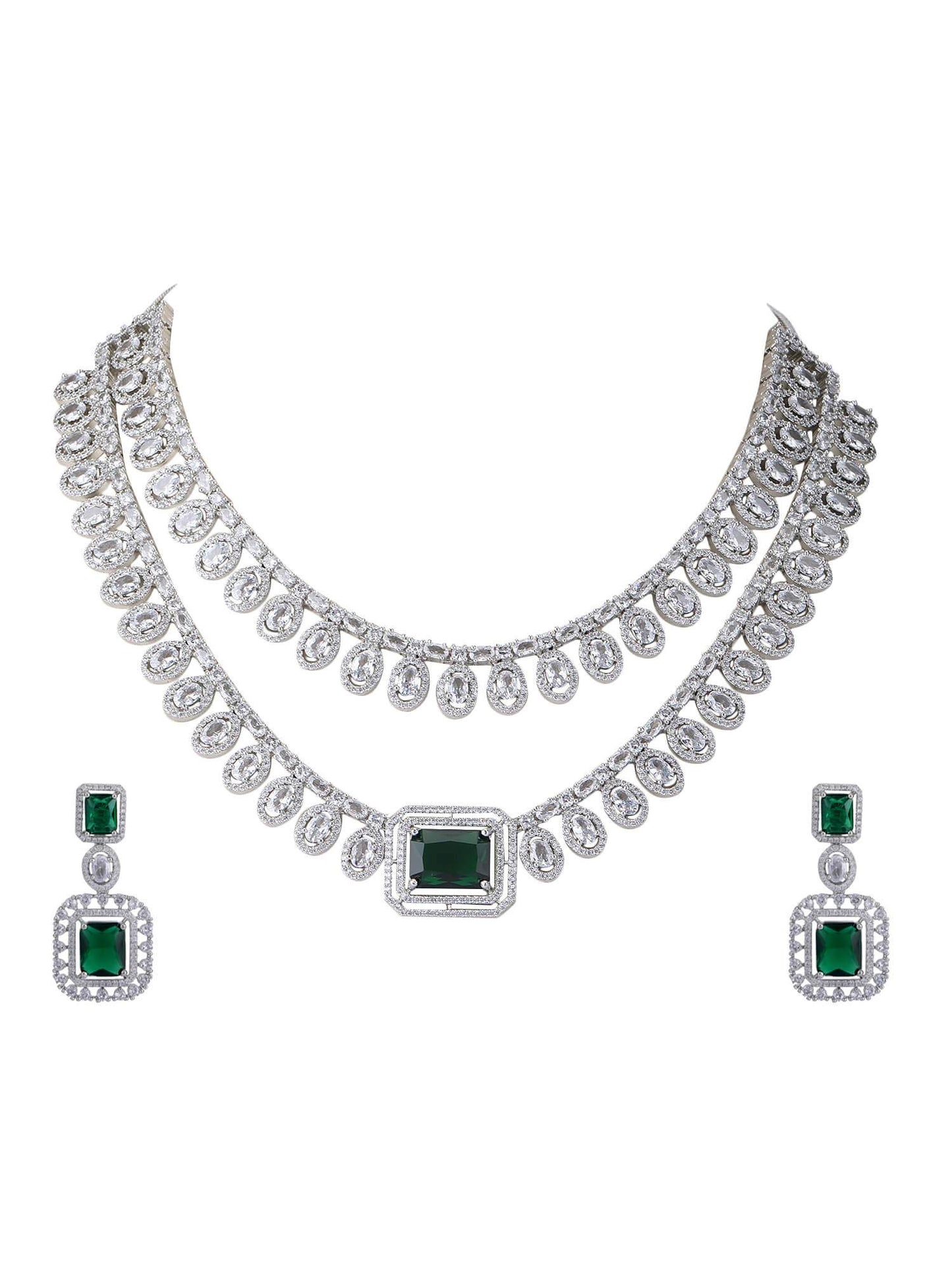 Rhodium Plated American Diamond zircon Green Necklace Set - Auraa Trends