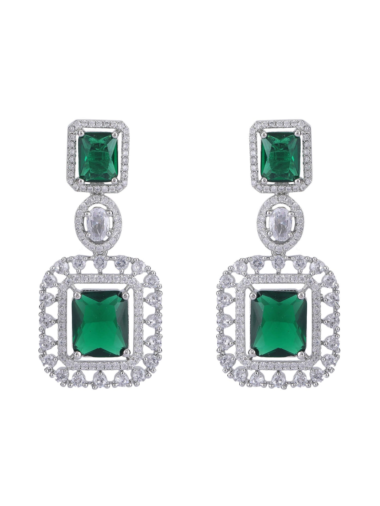 Rhodium Plated American Diamond zircon Green Necklace Set - Auraa Trends - Rhodium Plated American Diamond zircon Green