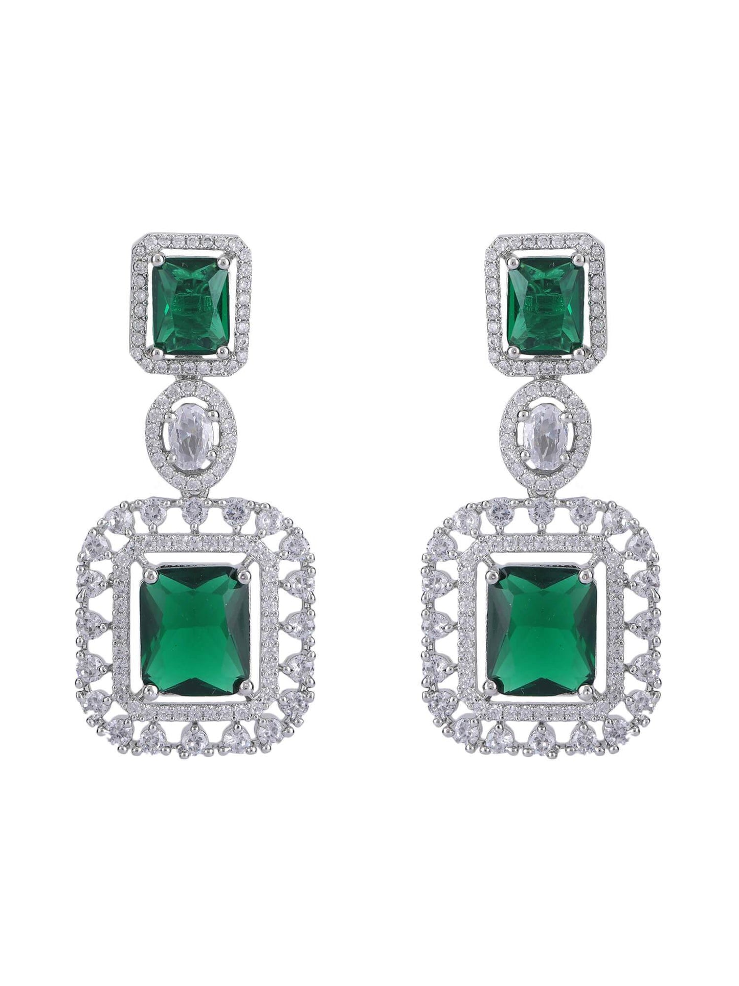 Rhodium Plated American Diamond zircon Green Necklace Set - Auraa Trends