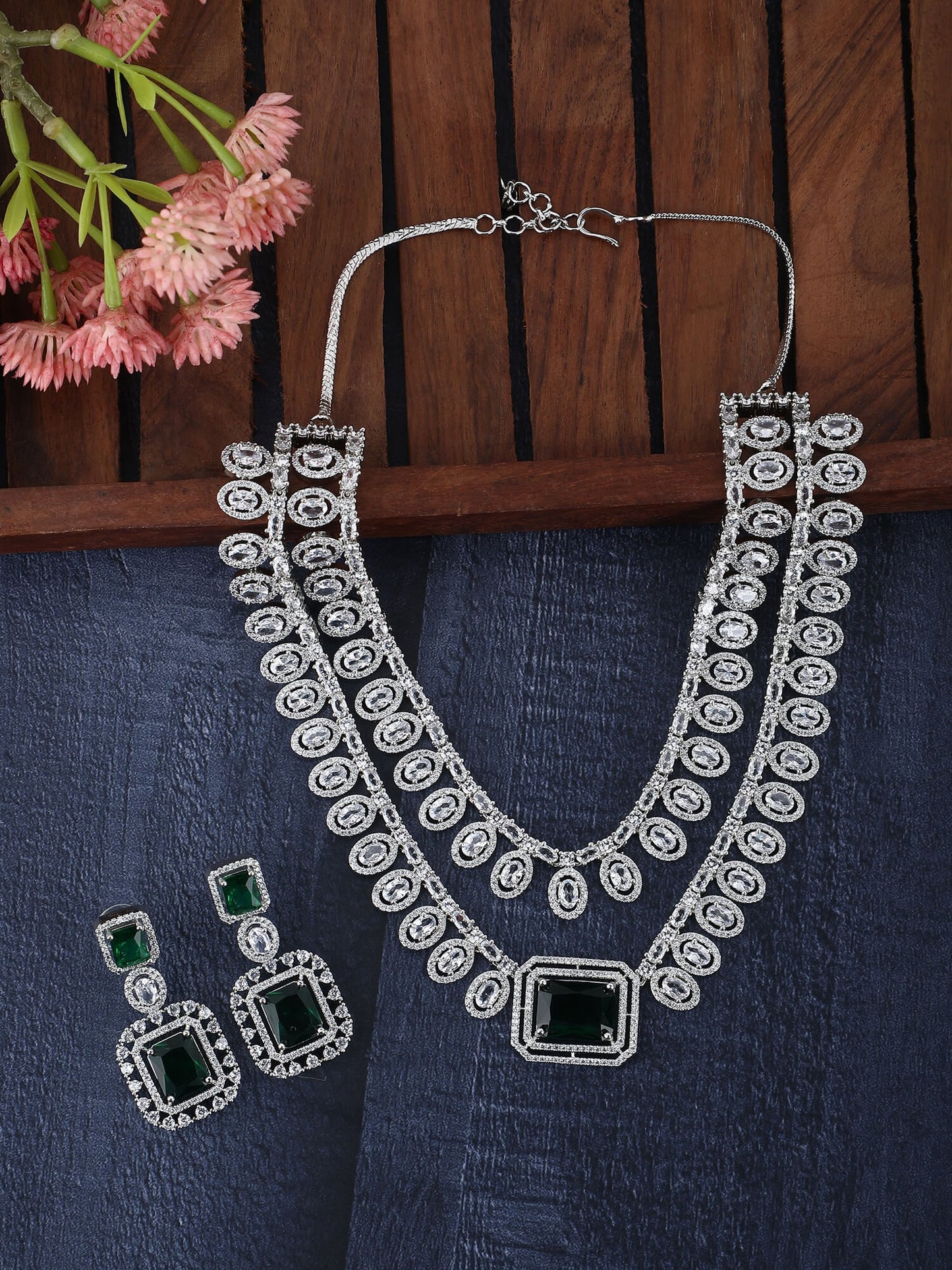 Rhodium Plated American Diamond zircon Green Necklace Set - Auraa Trends - Rhodium Plated American Diamond zircon Green