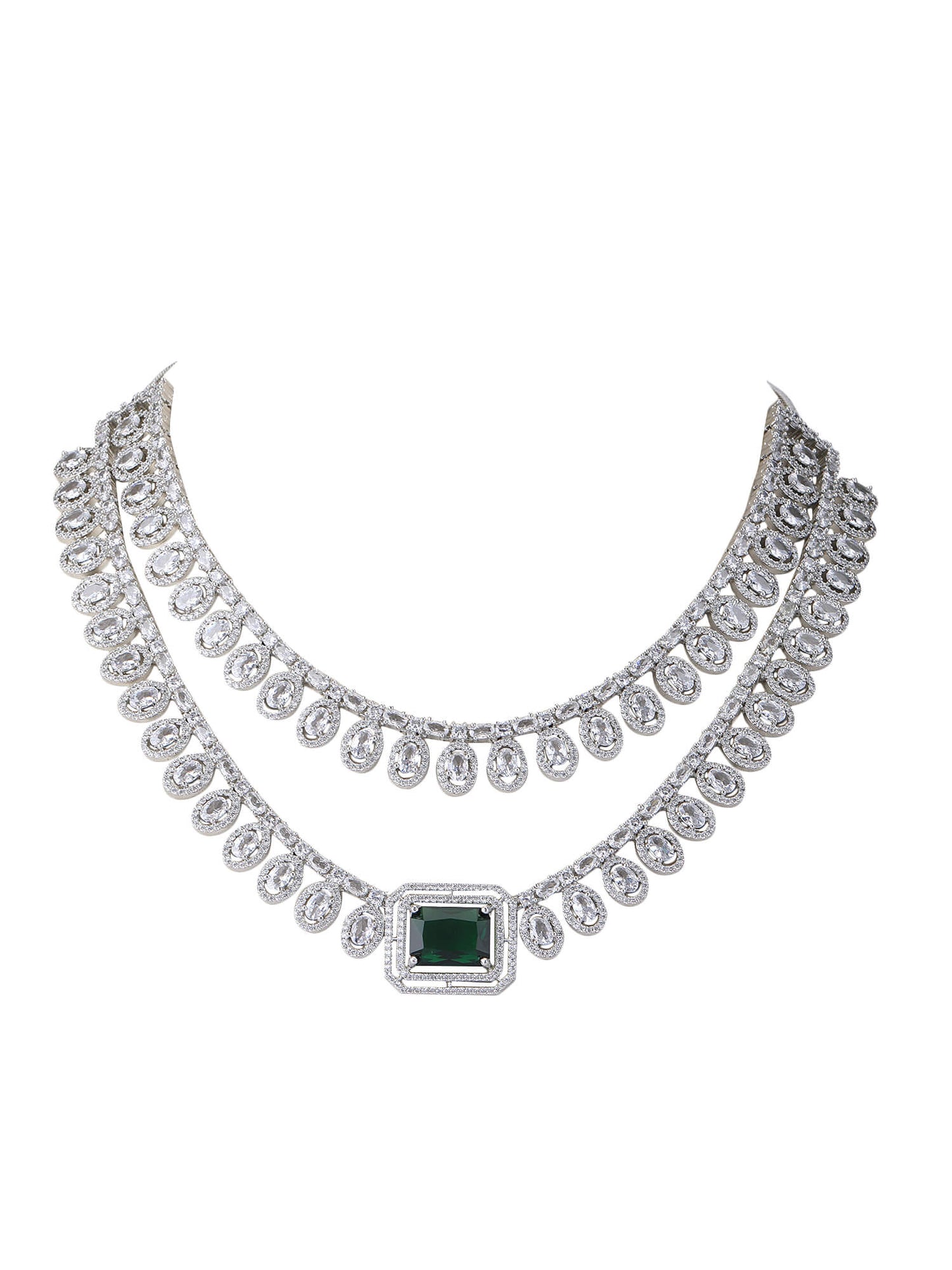 Rhodium Plated American Diamond zircon Green Necklace Set - Auraa Trends - Rhodium Plated American Diamond zircon Green