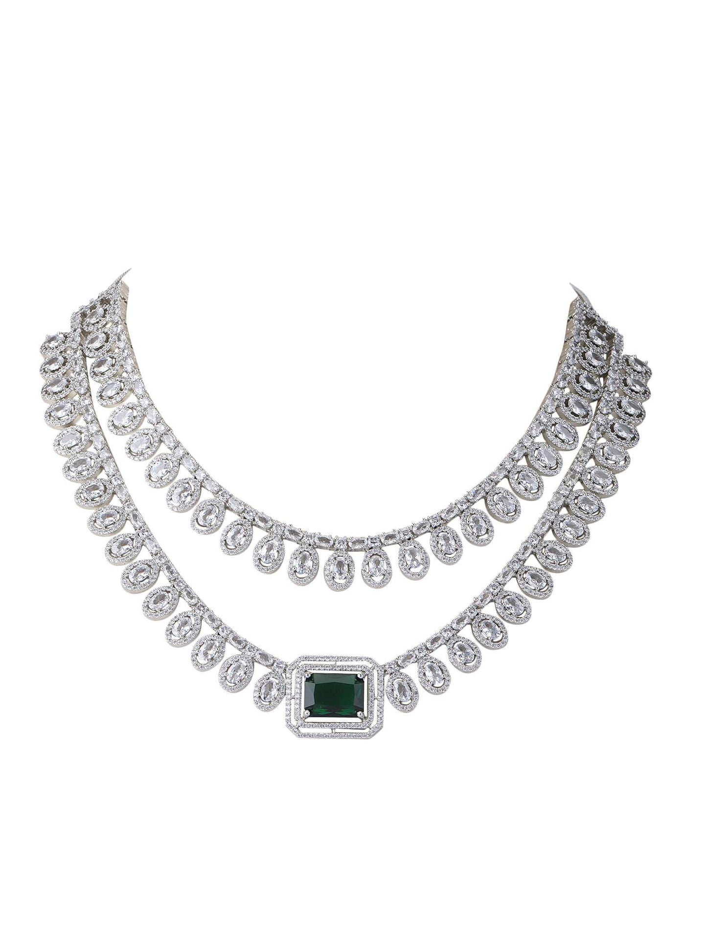 Rhodium Plated American Diamond zircon Green Necklace Set - Auraa Trends