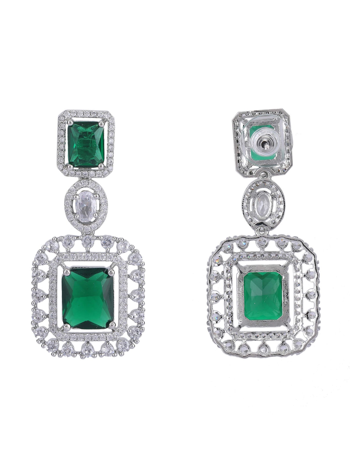 Rhodium Plated American Diamond zircon Green Necklace Set - Auraa Trends - Rhodium Plated American Diamond zircon Green
