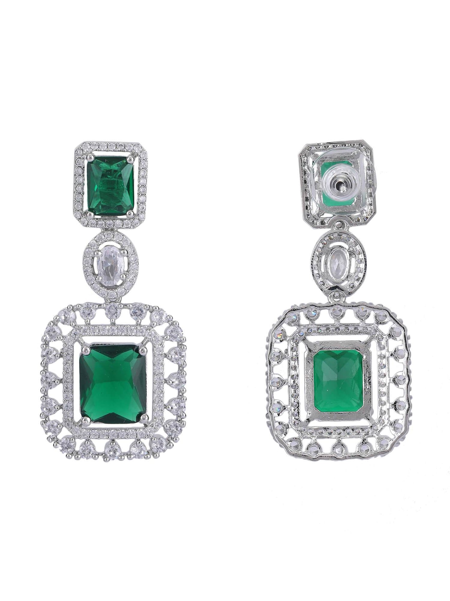 Rhodium Plated American Diamond zircon Green Necklace Set - Auraa Trends