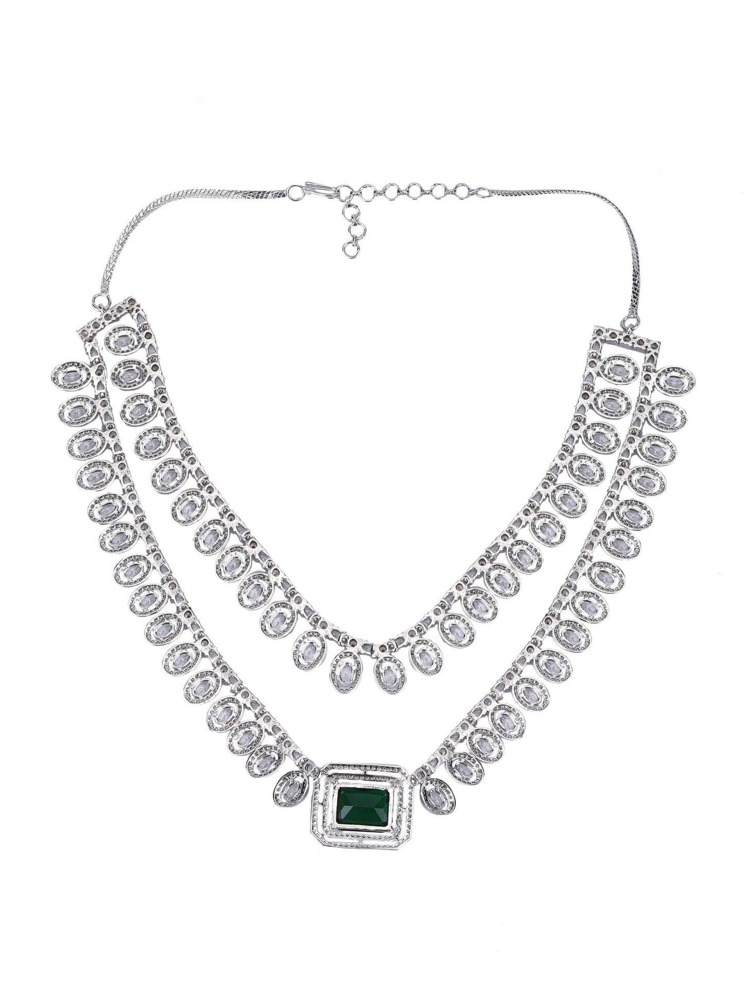 Rhodium Plated American Diamond zircon Green Necklace Set - Auraa Trends - Rhodium Plated American Diamond zircon Green