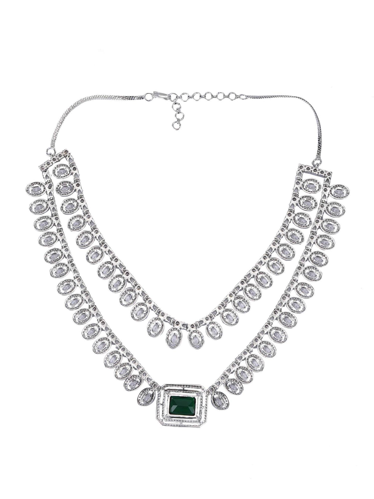 Rhodium Plated American Diamond zircon Green Necklace Set - Auraa Trends