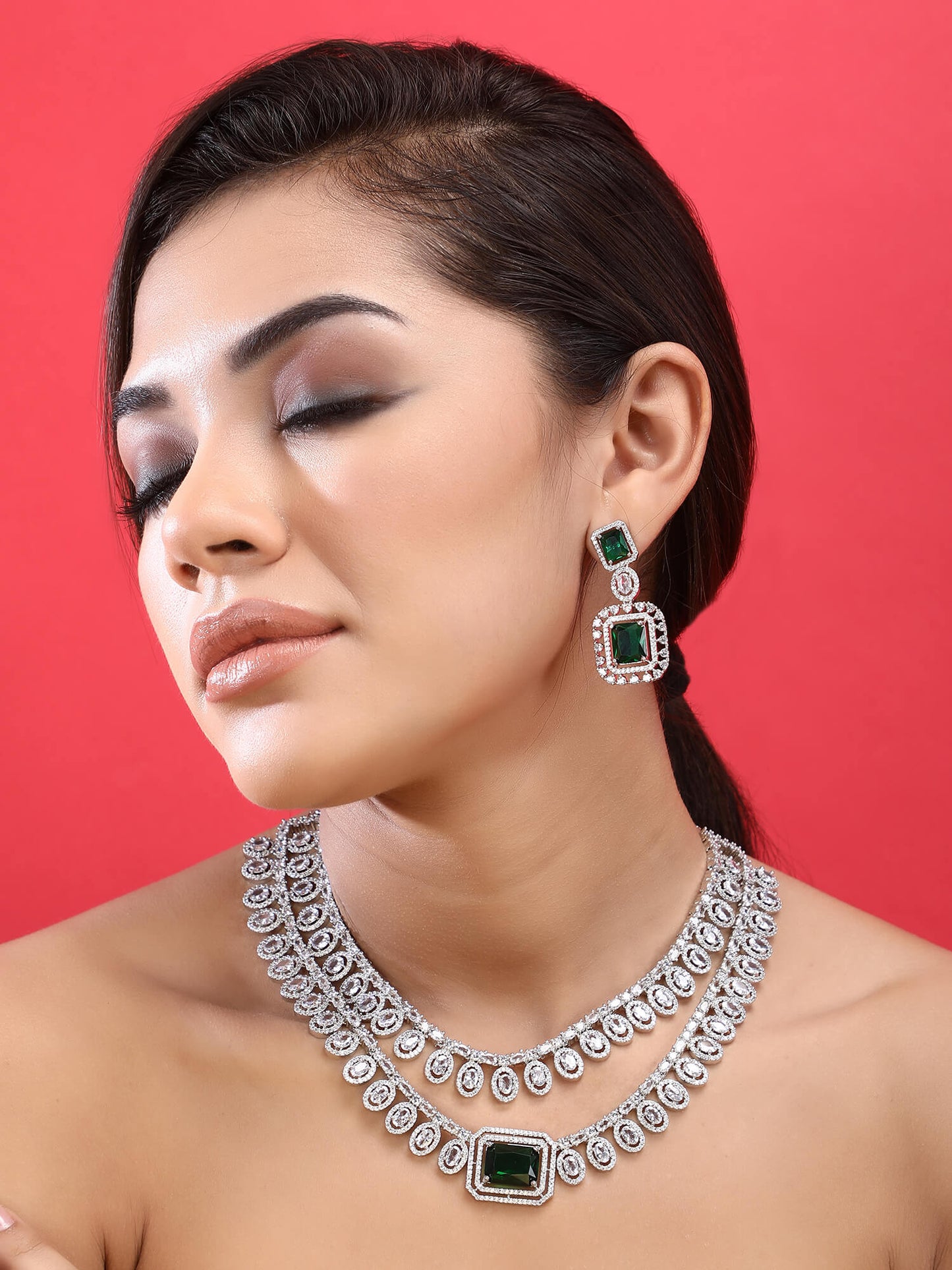 Rhodium Plated American Diamond zircon Green Necklace Set - Auraa Trends - Rhodium Plated American Diamond zircon Green