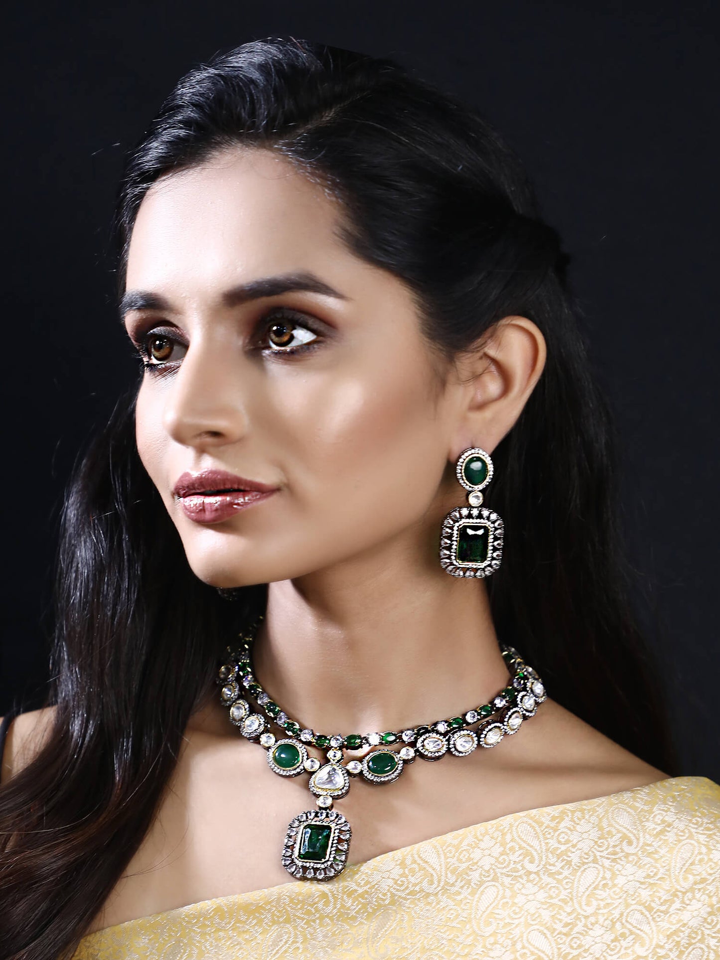Rhodium Plated American Diamond Zircon Green Necklace Set - Auraa Trends - AD 92.5 Silver ad American Diamond