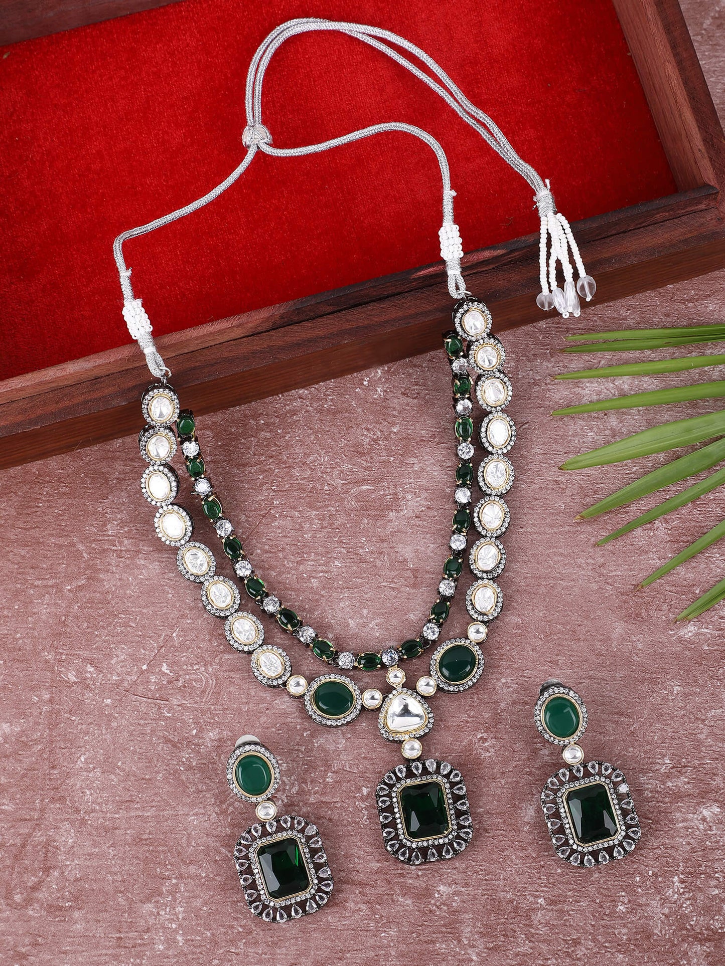 Rhodium Plated American Diamond Zircon Green Necklace Set - Auraa Trends - AD 92.5 Silver ad American Diamond