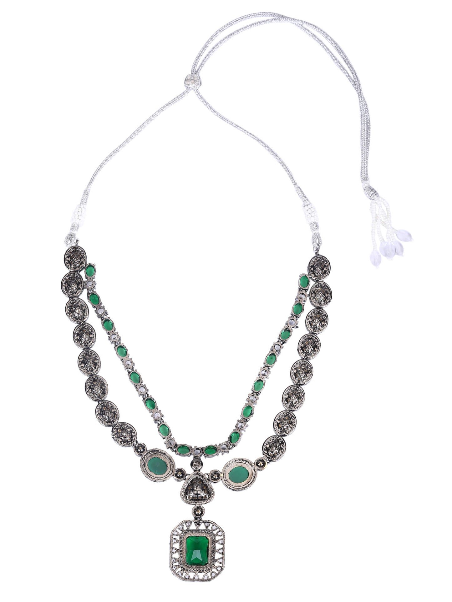 Rhodium Plated American Diamond Zircon Green Necklace Set - Auraa Trends - AD 92.5 Silver ad American Diamond