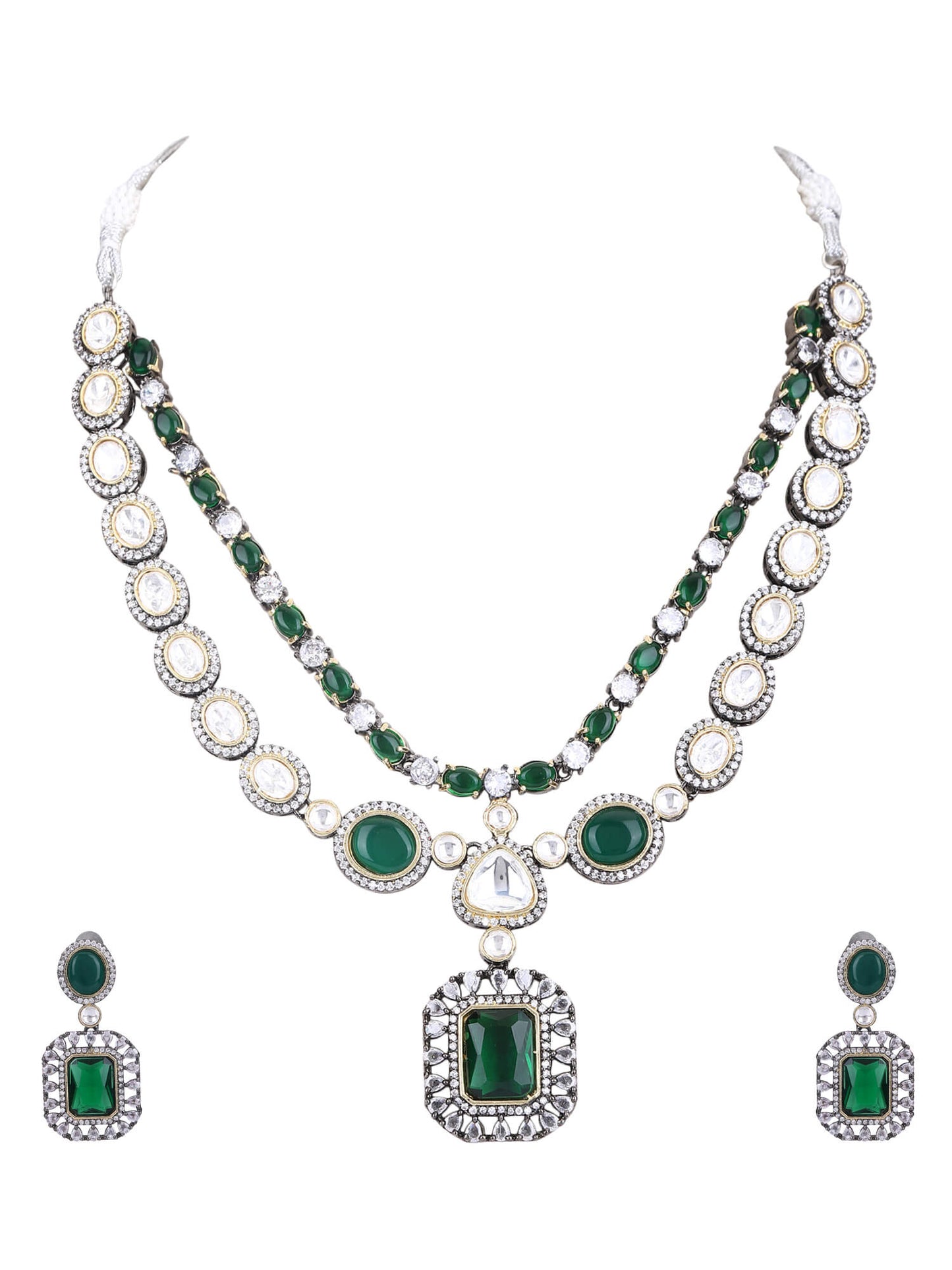Rhodium Plated American Diamond Zircon Green Necklace Set - Auraa Trends - AD 92.5 Silver ad American Diamond