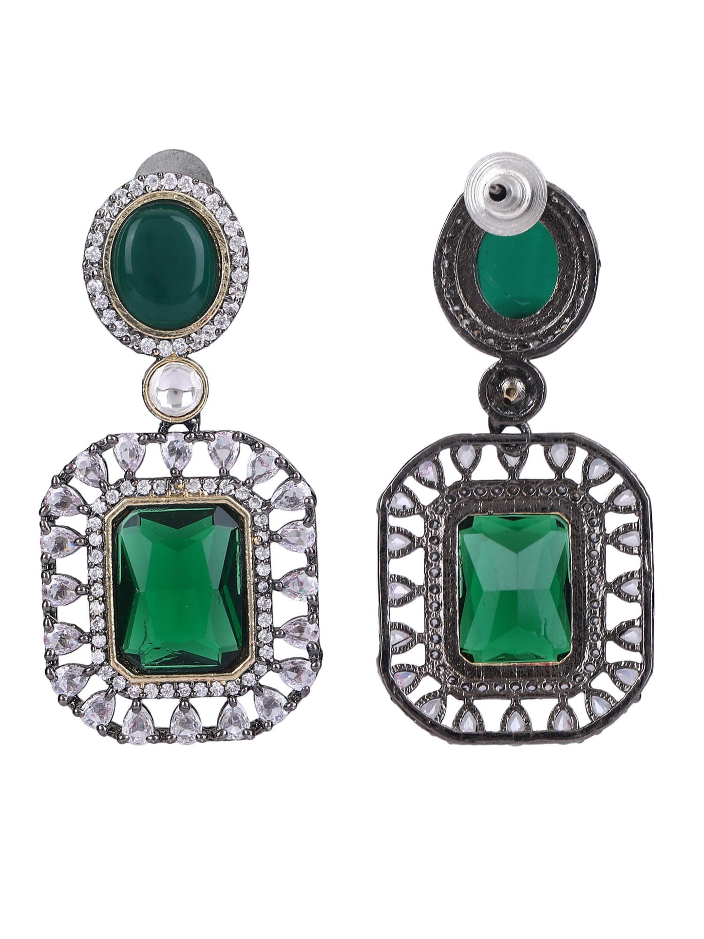 Rhodium Plated American Diamond Zircon Green Necklace Set - Auraa Trends - AD 92.5 Silver ad American Diamond