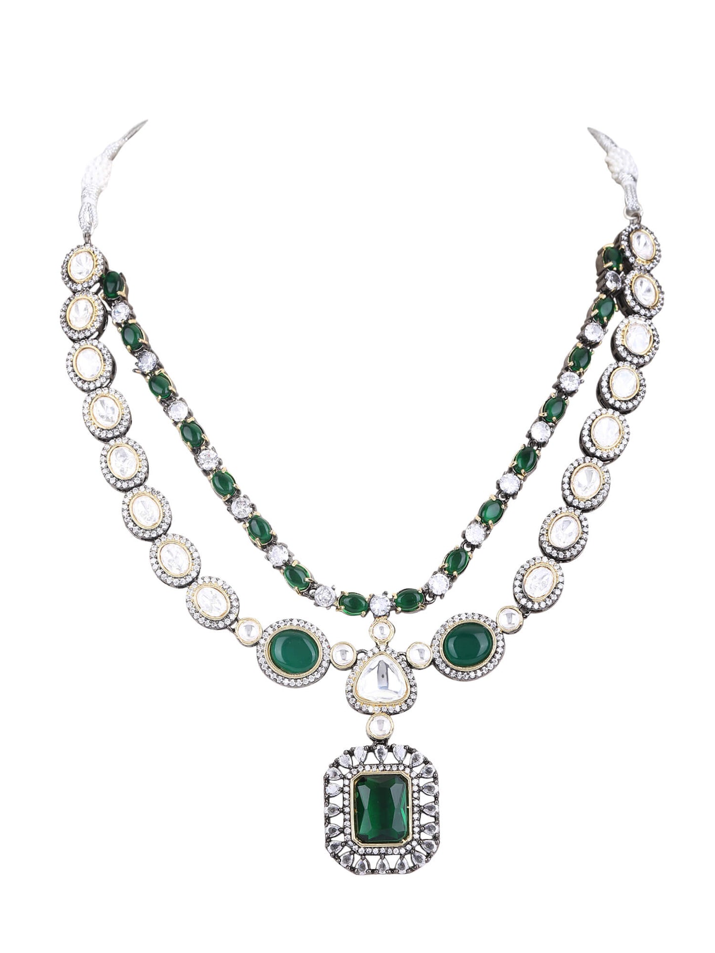 Rhodium Plated American Diamond Zircon Green Necklace Set - Auraa Trends - AD 92.5 Silver ad American Diamond