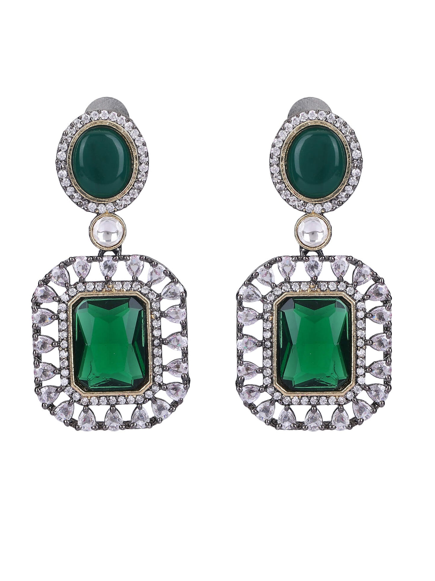 Rhodium Plated American Diamond Zircon Green Necklace Set - Auraa Trends - AD 92.5 Silver ad American Diamond