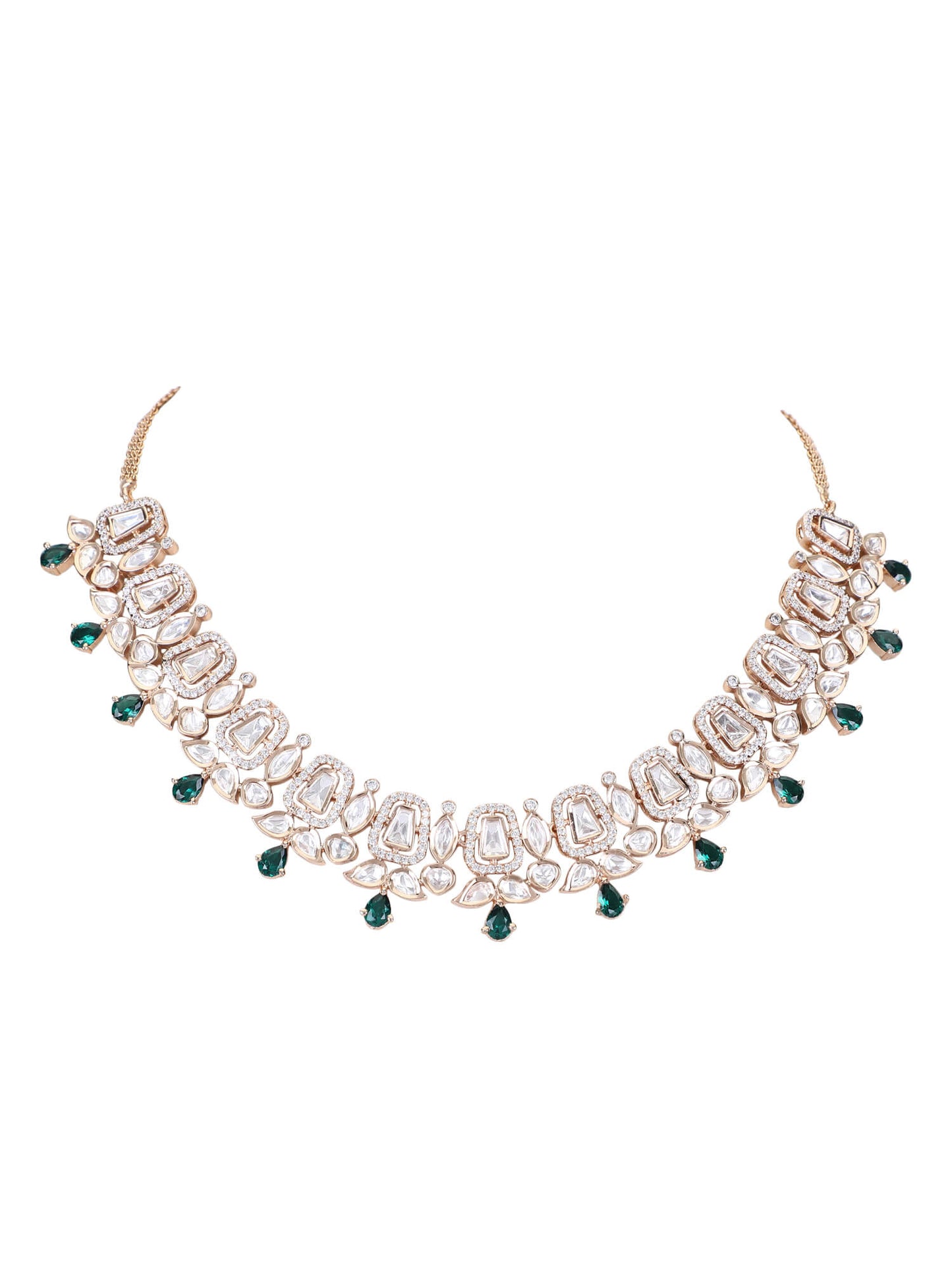 Rhodium Plated American Diamond Zircon Green Necklace Set For Girls - Auraa Trends - AD ad Alloy American Diamond