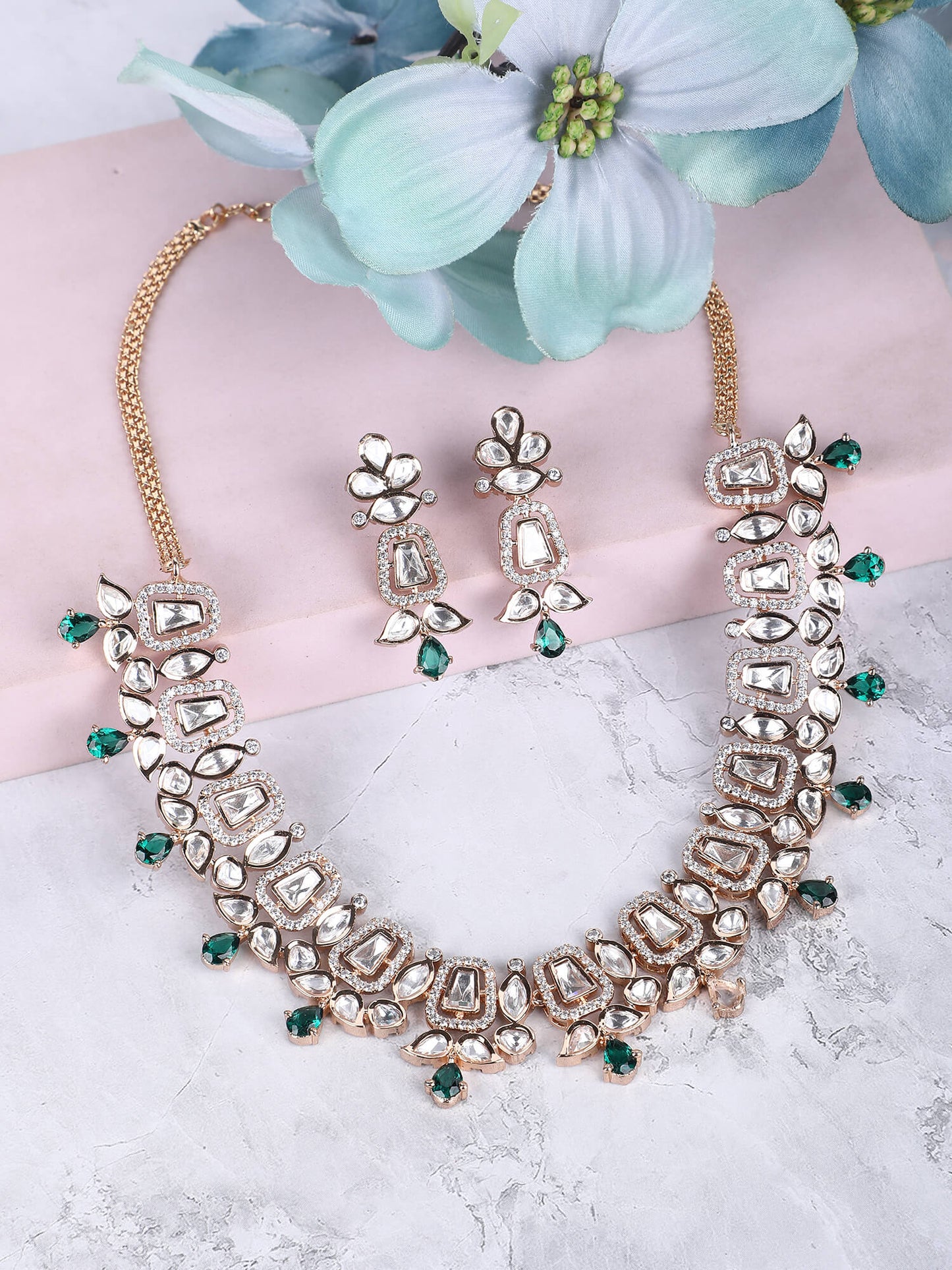 Rhodium Plated American Diamond Zircon Green Necklace Set For Girls - Auraa Trends - AD ad Alloy American Diamond
