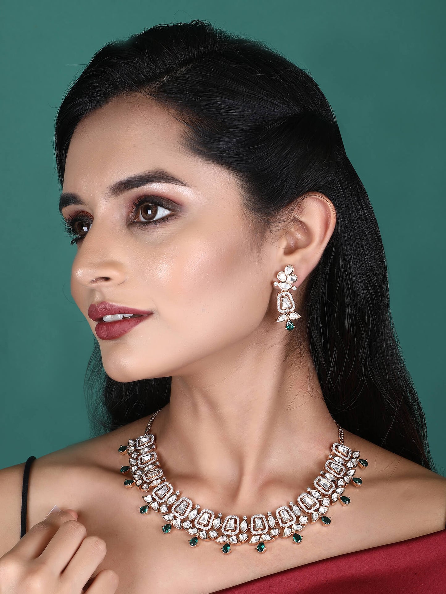 Rhodium Plated American Diamond Zircon Green Necklace Set For Girls - Auraa Trends - AD ad Alloy American Diamond