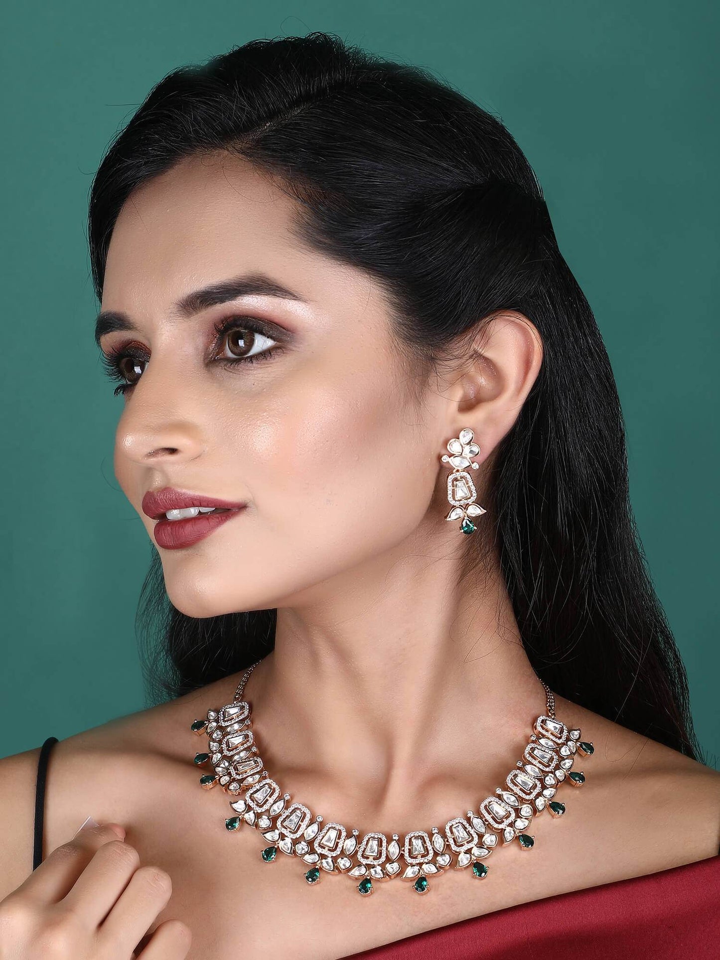Rhodium Plated American Diamond Zircon Green Necklace Set For Girls - Auraa Trends