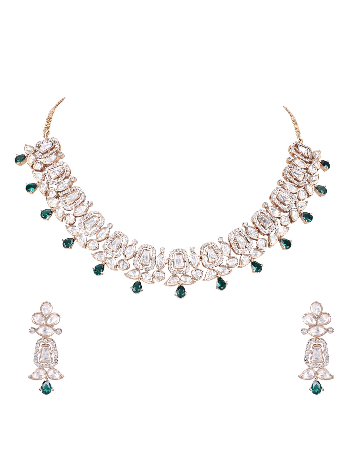 Rhodium Plated American Diamond Zircon Green Necklace Set For Girls - Auraa Trends - AD ad Alloy American Diamond