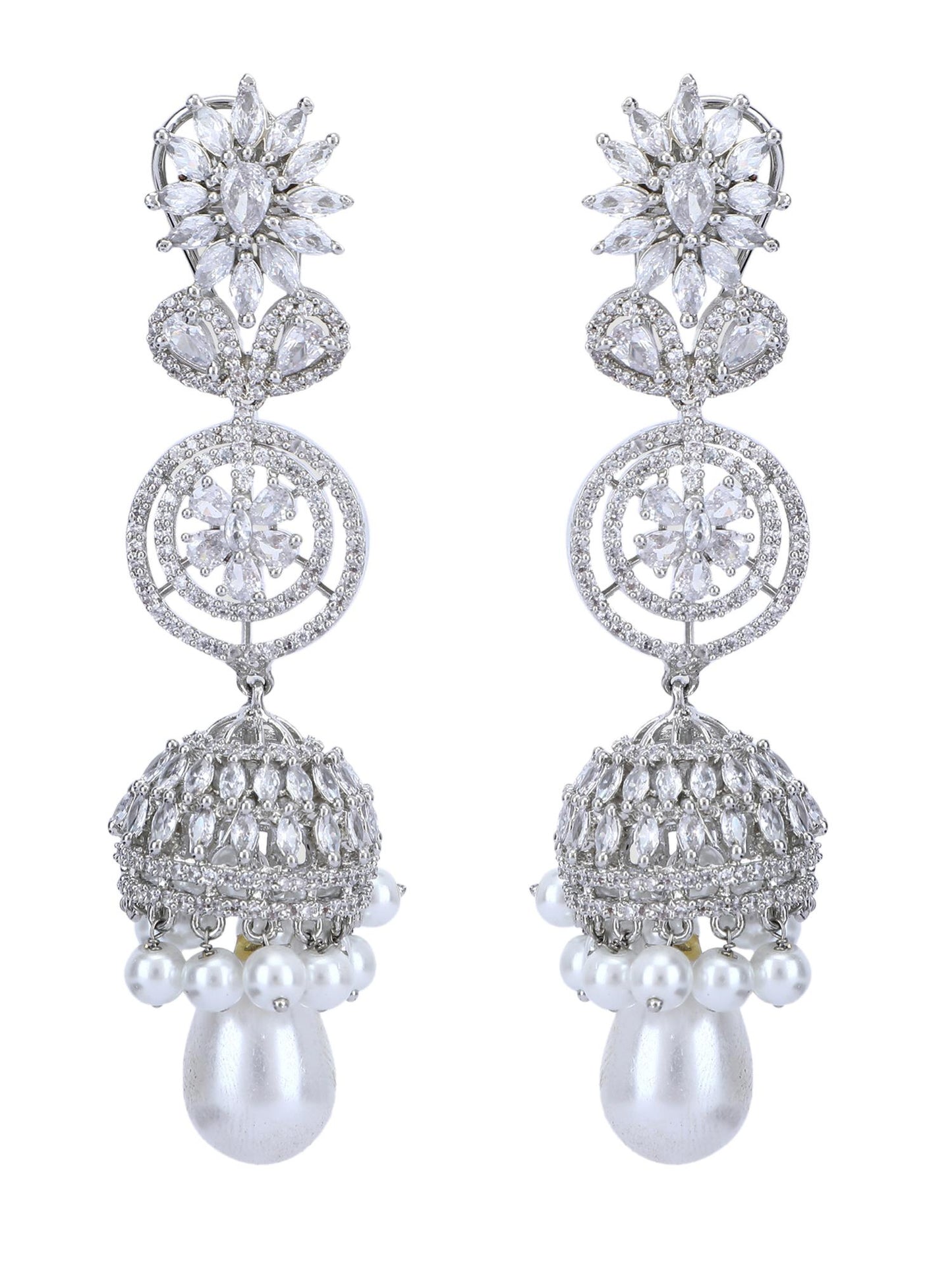Rhodium Plated American Diamond Zircon Jhumka Earrings - Auraa Trends - Jhumka - Auraa Trends - american diamond earrings