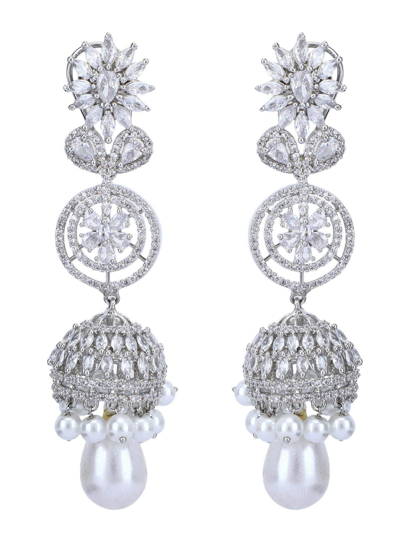 Rhodium Plated American Diamond Zircon Jhumka Earrings - Auraa Trends