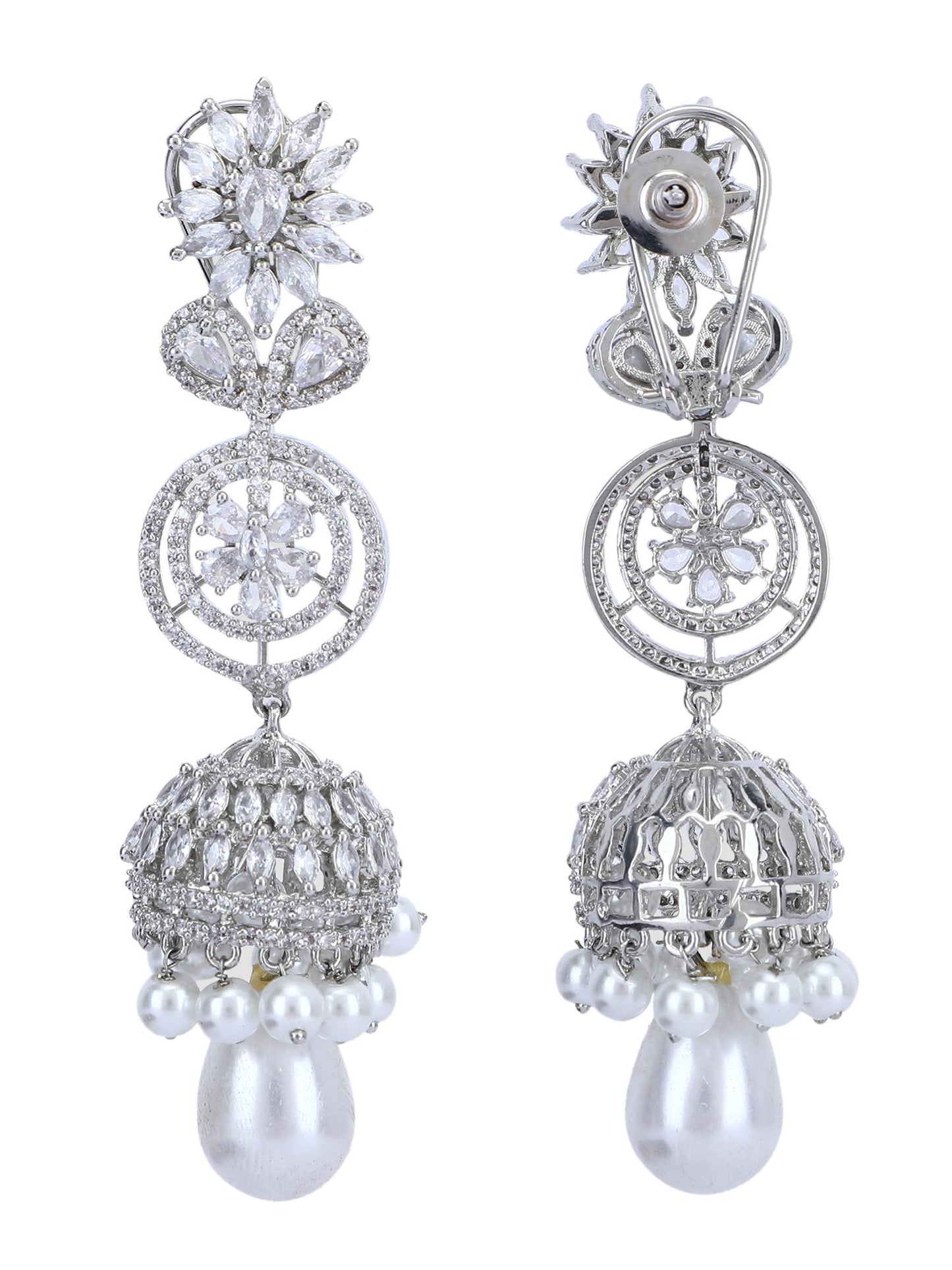 Rhodium Plated American Diamond Zircon Jhumka Earrings - Auraa Trends - Jhumka - # - Auraa Trends - american diamond earrings