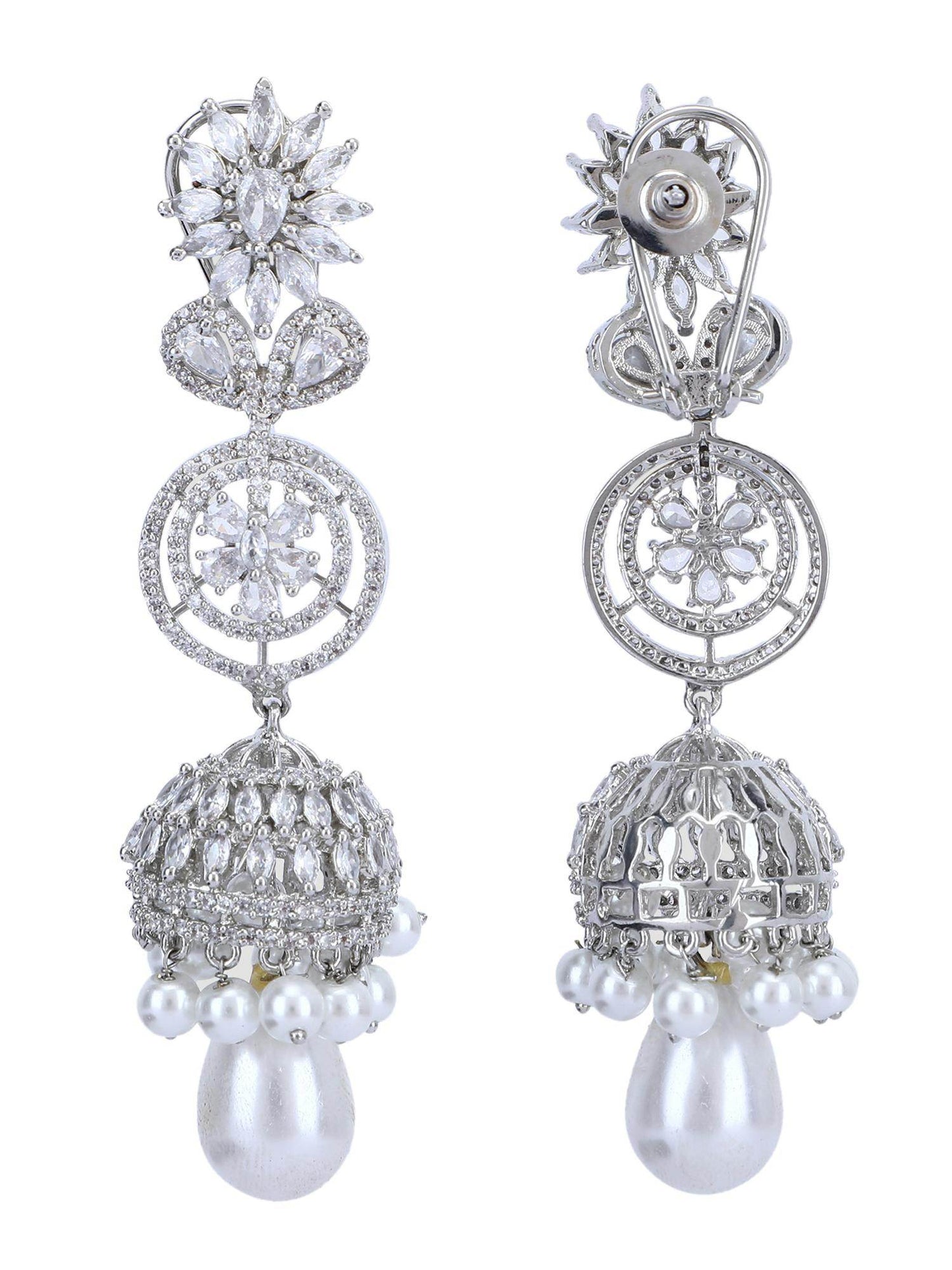 Rhodium Plated American Diamond Zircon Jhumka Earrings - Auraa Trends
