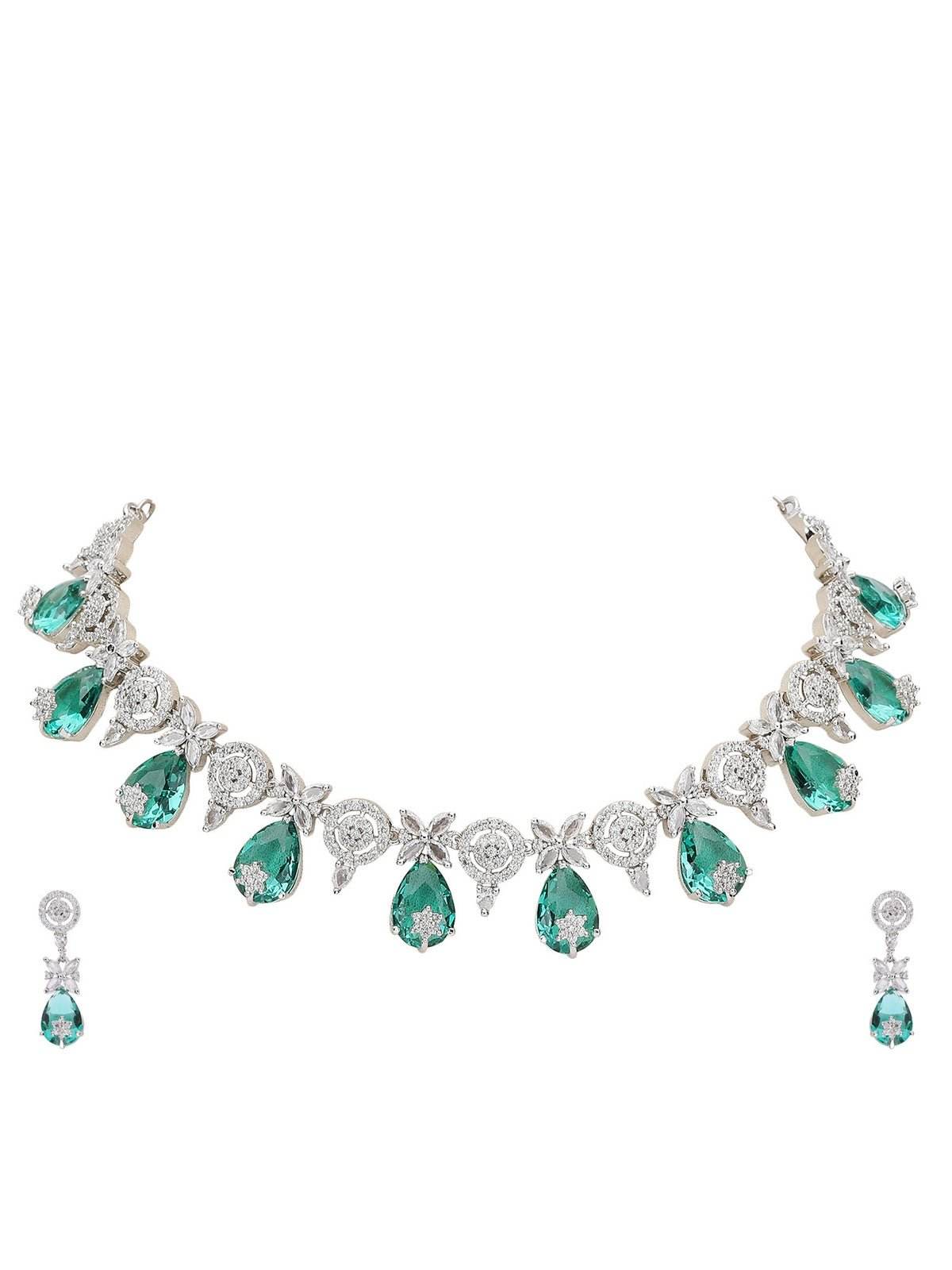 Rhodium-Plated American Diamond & Zircon Necklace Set - Auraa Trends