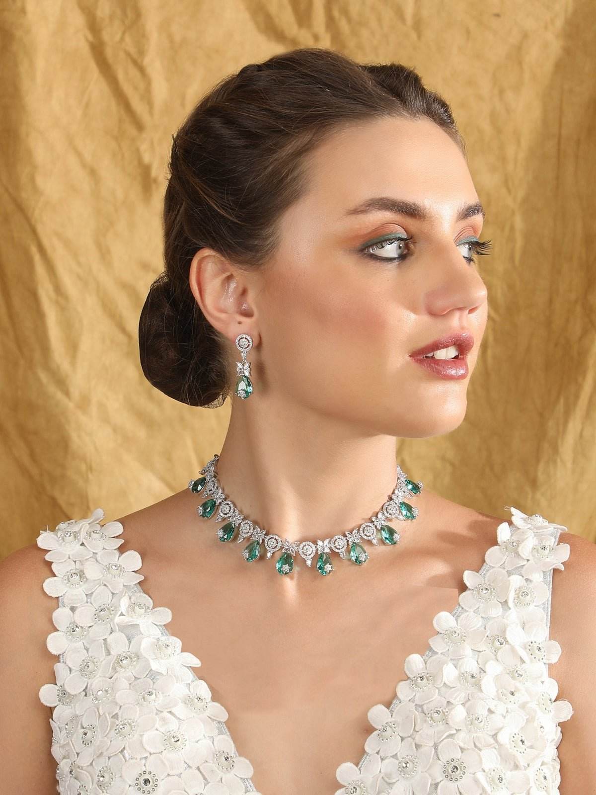 Rhodium-Plated American Diamond & Zircon Necklace Set - Auraa Trends
