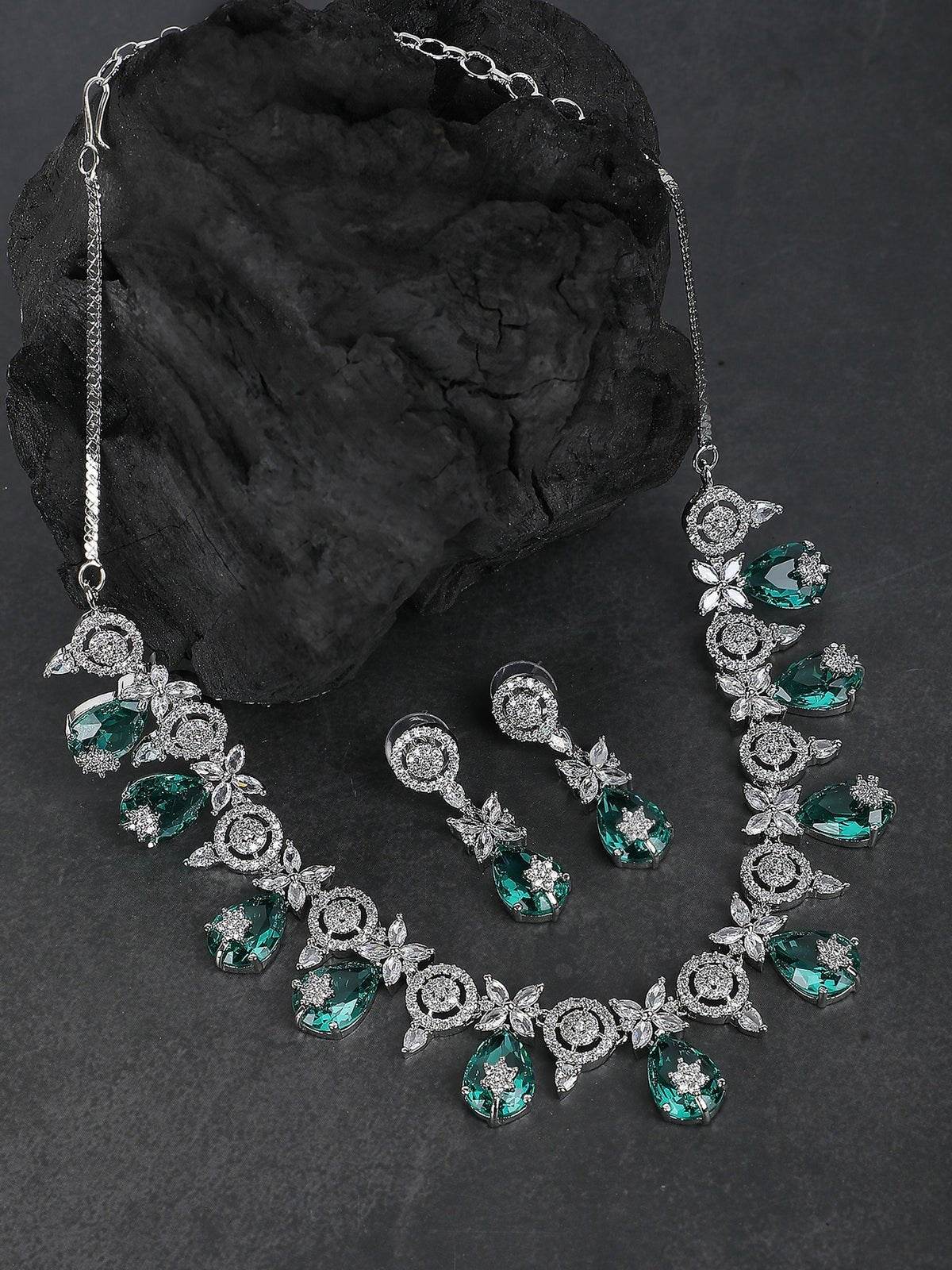 Rhodium-Plated American Diamond & Zircon Necklace Set - Auraa Trends
